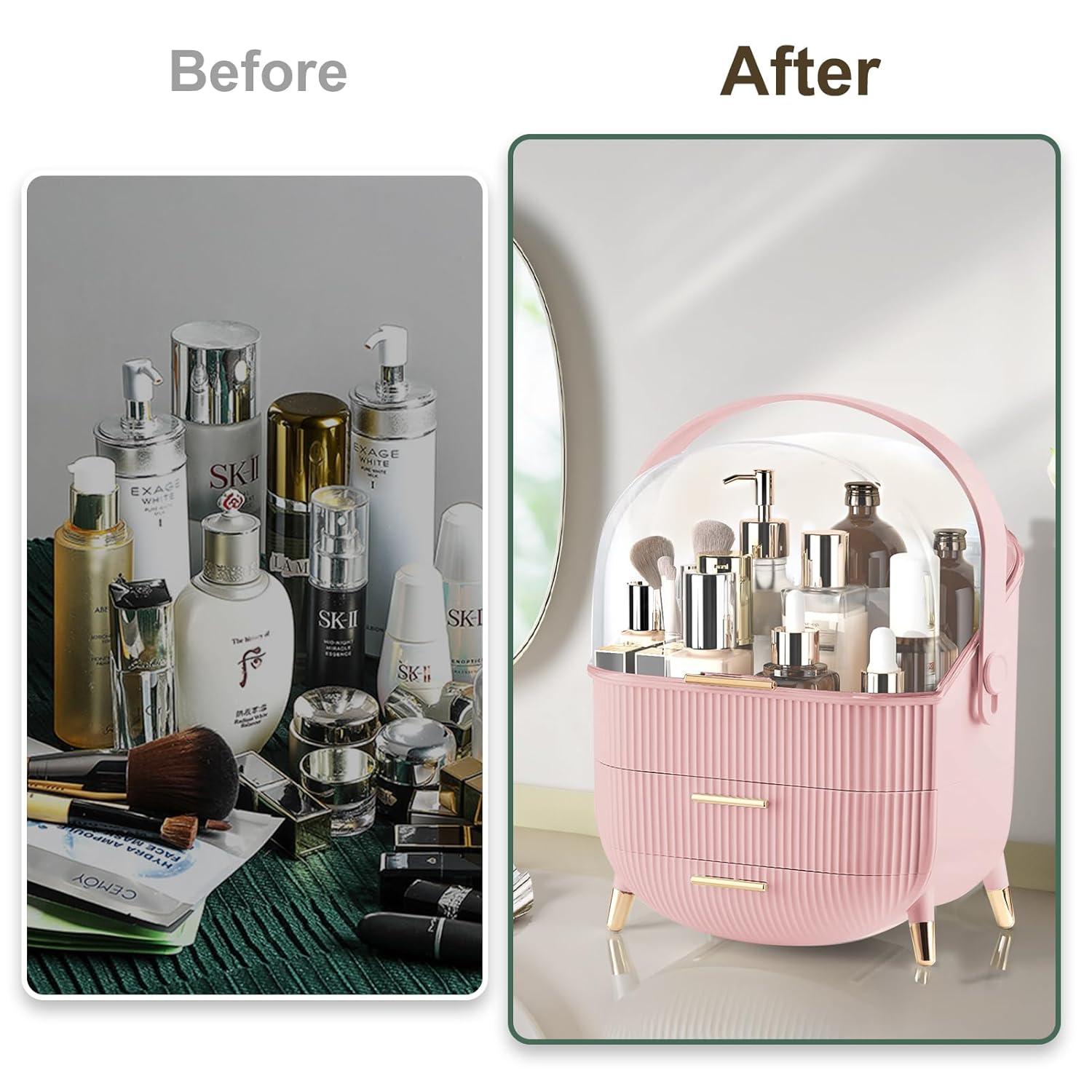 Rebrilliant Makeup Organizers And Storage, Make Up Organizer For Vanity Cosmetics Skincare Organizers With Lid And Drawers Display Cases For Countertop(Pink)