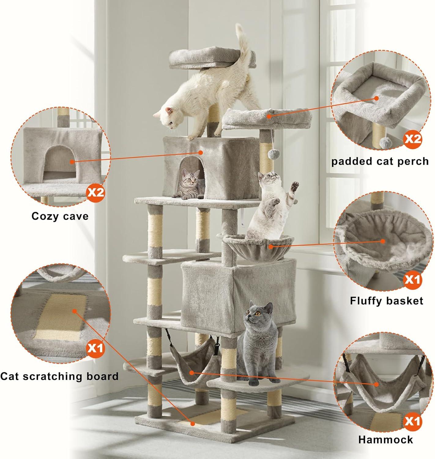 MDEAM Cat Tree 74 Inch Multi-Level Large Cat Tower with 16 Sisal Scratching Posts,2 Caves,2 Perches,Hammock,Scratching Board,Basket,Cozy Plush Cat Perches for Indoor Large Cats(Light Gray)