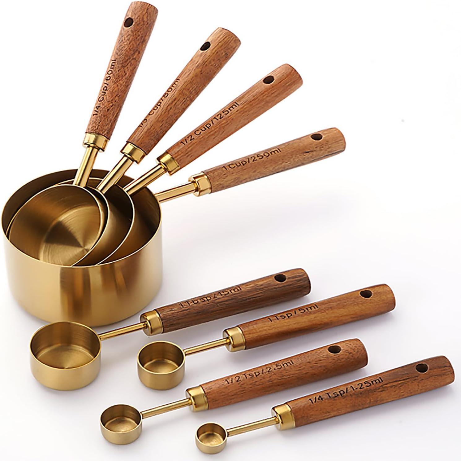 ODOMY 8Pcs Measure Cup and Spoon Set Gold Measuring Cup Spoon Set with Wooden Handle Stainless Steel Stackable Kitchen and Baking Measurement Kitchen Accessories for Home Kitchen Party