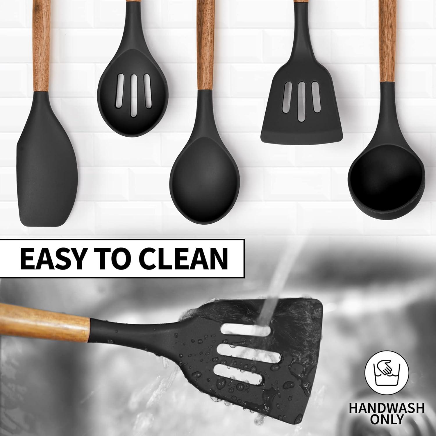 Zulay Kitchen Non-Stick Silicone Utensils Set with Acacia Wood Handles 5 Piece Silicone - Black