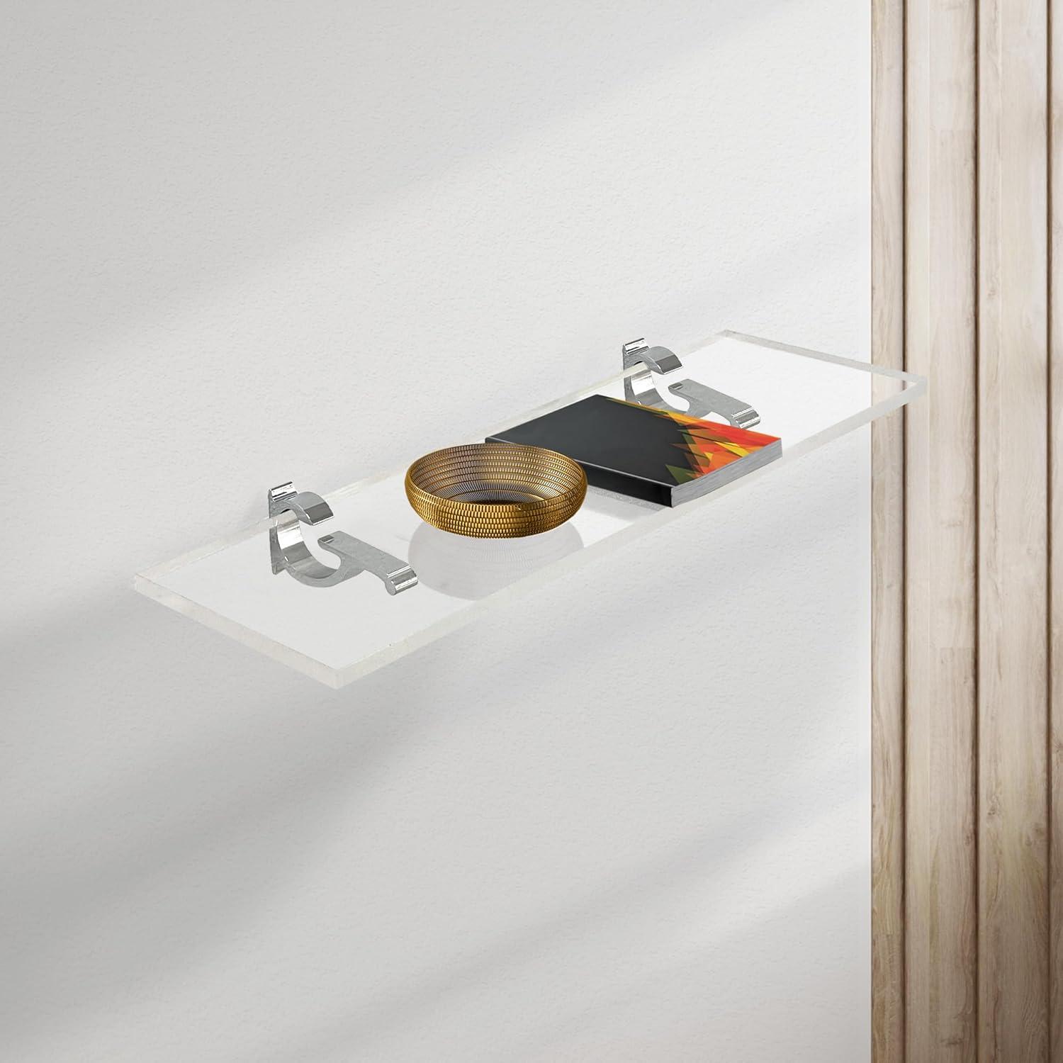 Clear Acrylic Floating Shelf with Chrome Brackets, 24" x 6"