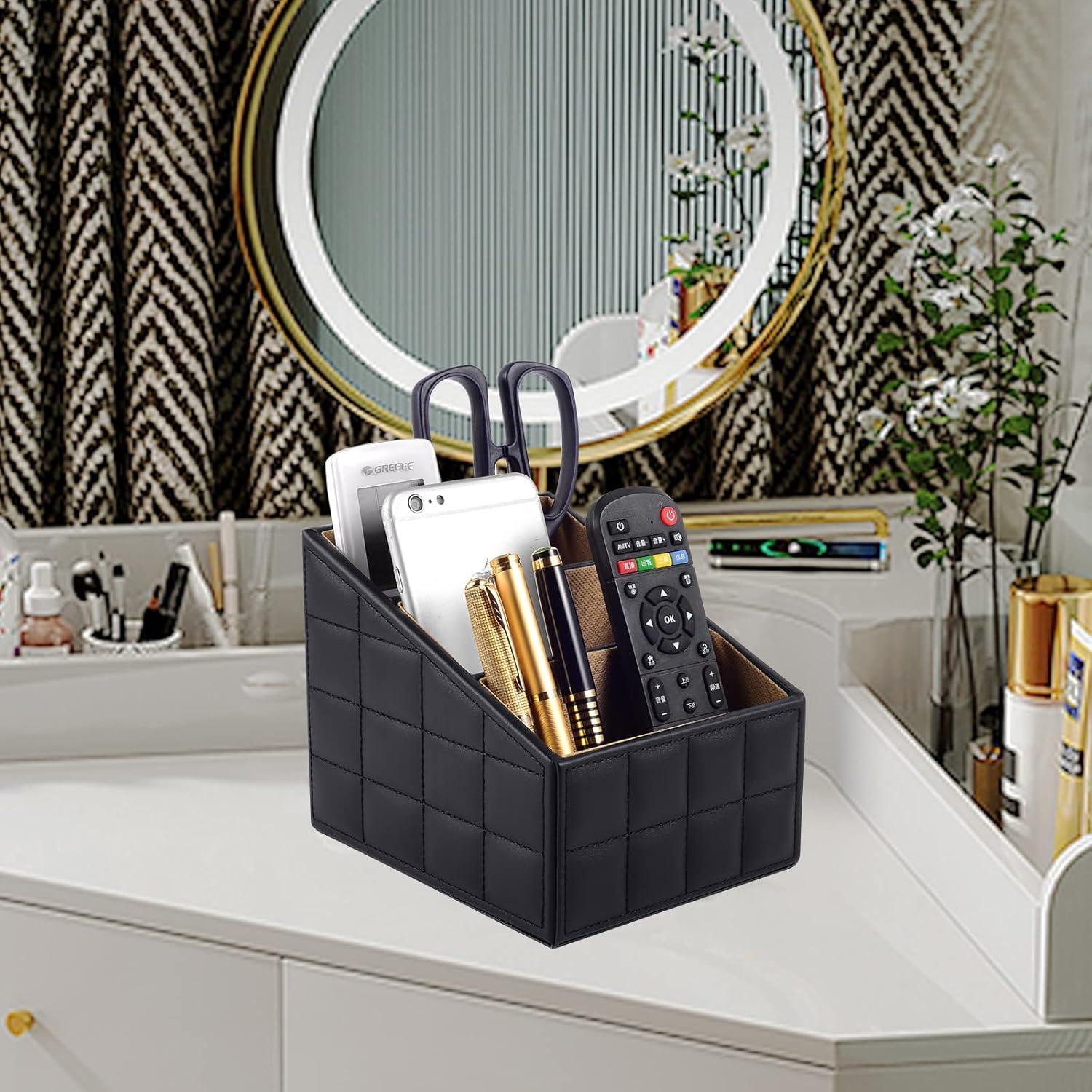 Fashionable PU Leather TV Remote Control Holder with 3 Compartments, Storage Rack, Storage Box, Media Accessory Storage, Desk Organizers (Blakc ge)