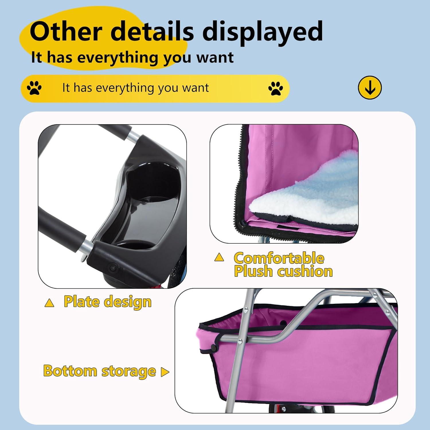 4 Wheels Pet Stroller Cat Dog Cage Stroller Travel Folding Carrier with Cup Holders and Removable Liner for Small-Medium Dog, Cat (Pink)