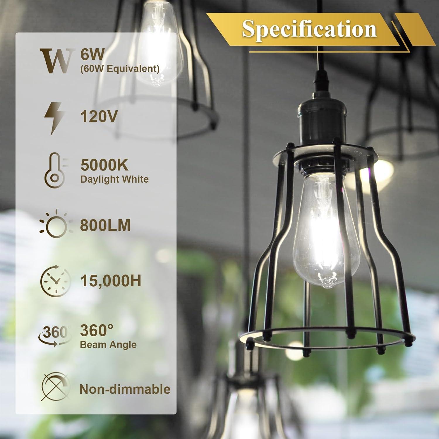 ENERGETIC Vintage LED Edison Light Bulbs, 5000K, 60 Watt Equivalent, ST64 Filament, Tear Drop Antique Decorative Bulbs, E26 Base, UL Listed, 6 Pack