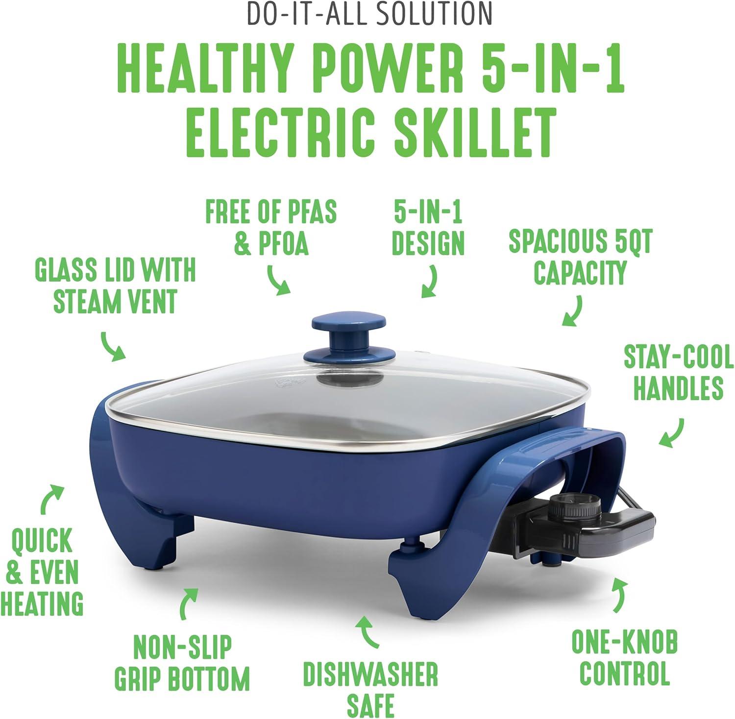 UZOPAL 12" 5QT Square Electric Skillet with Glass Vented Lid, PFAS-Free Ceramic Nonstick Interior