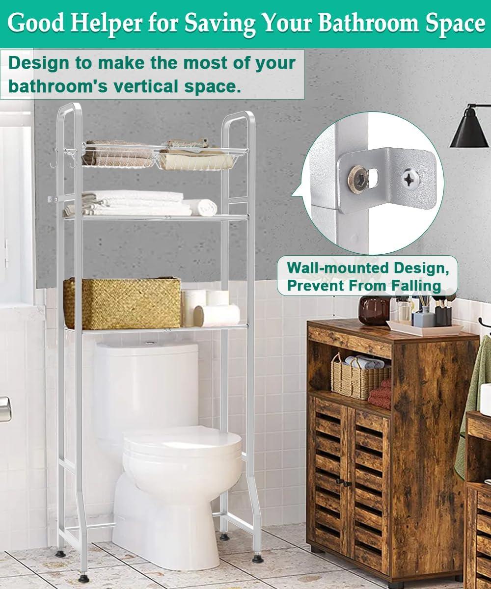 Over The Toilet Storage Shelf For Bathroom, 3-Tier Above Toilet Rack Bathroom Organizer With Adjustable Shelves And Hanging Hooks, Easy To Assemble & Space Saving, White