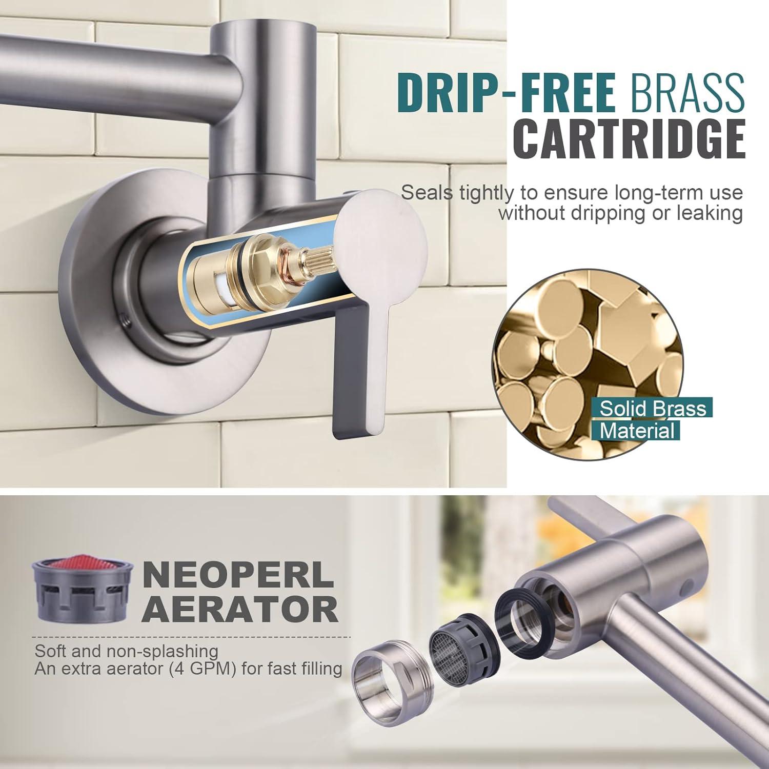 Wowow Wall Mount Pot Filler Faucet with Double Joint Swing Arms, Solid Brass Kitchen Faucets in Brushed Nickel