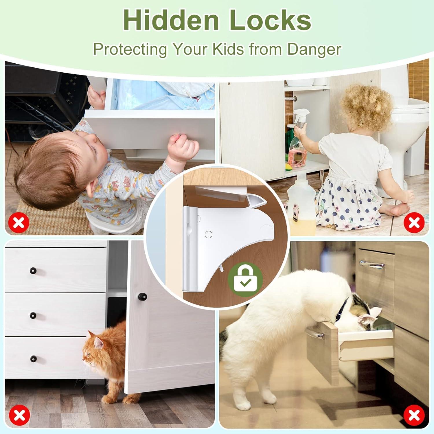 4 Pack Child Safety Magnetic Cabinet Locks -Baby Proofing Magnetic Drawer Locks for Kitchen with Adhesive No Drilling or Screws Fixed, Baby Safety Cabinet Locks