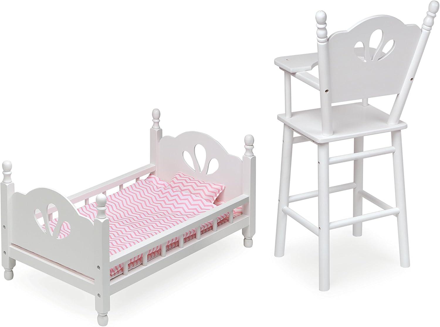 English Country Doll High Chair and Bed Set with Chevron Bedding - White/Pink