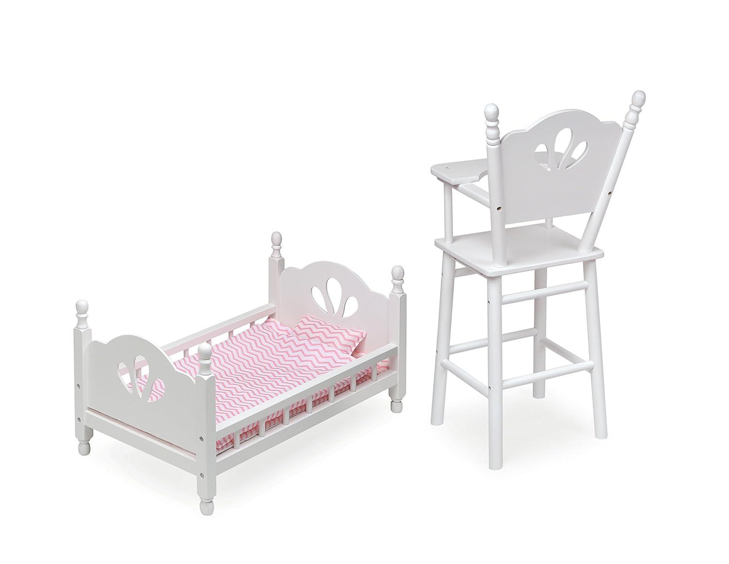 English Country Doll High Chair and Bed Set with Chevron Bedding - White/Pink