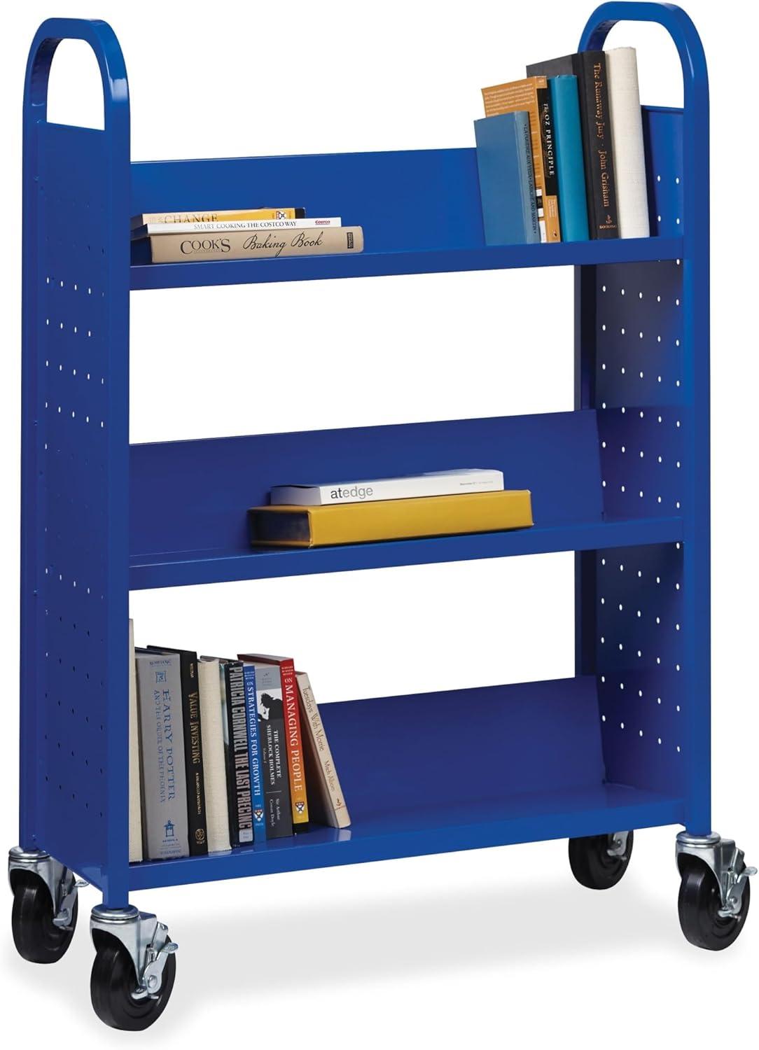 Blue Single-Sided Steel Book Cart with Three Shelves