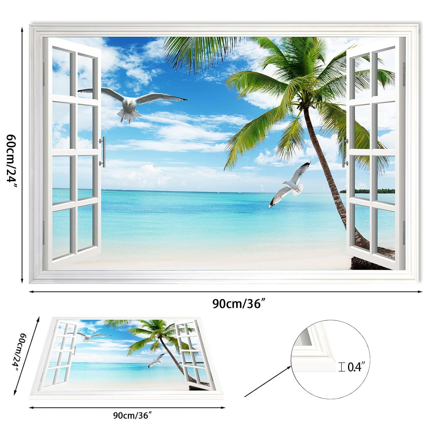 wall26 Canvas Print Wall Art Window View of Tropical Island Beach Paradise Nature Wilderness Photography Modern Art Rustic Scenic Colorful Ultra for Living Room, Bedroom, Office - 24"x36"