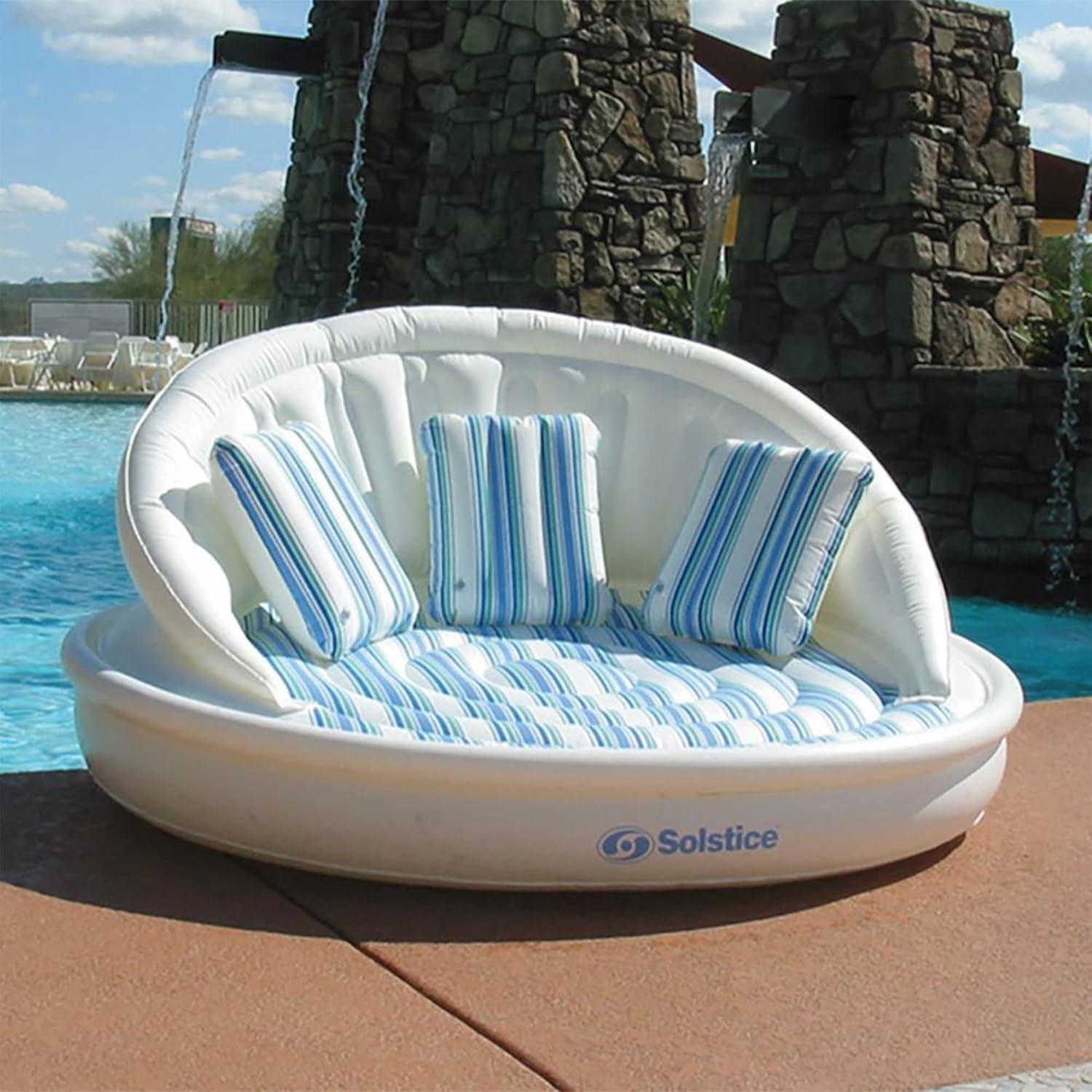 Swimline Solstice Aqua Sofa 2 to 3 Person Inflatable Pool Lounger Couch Float Raft w/Instaflate System & Throw Pillows for Kids & Adults, Blue/White