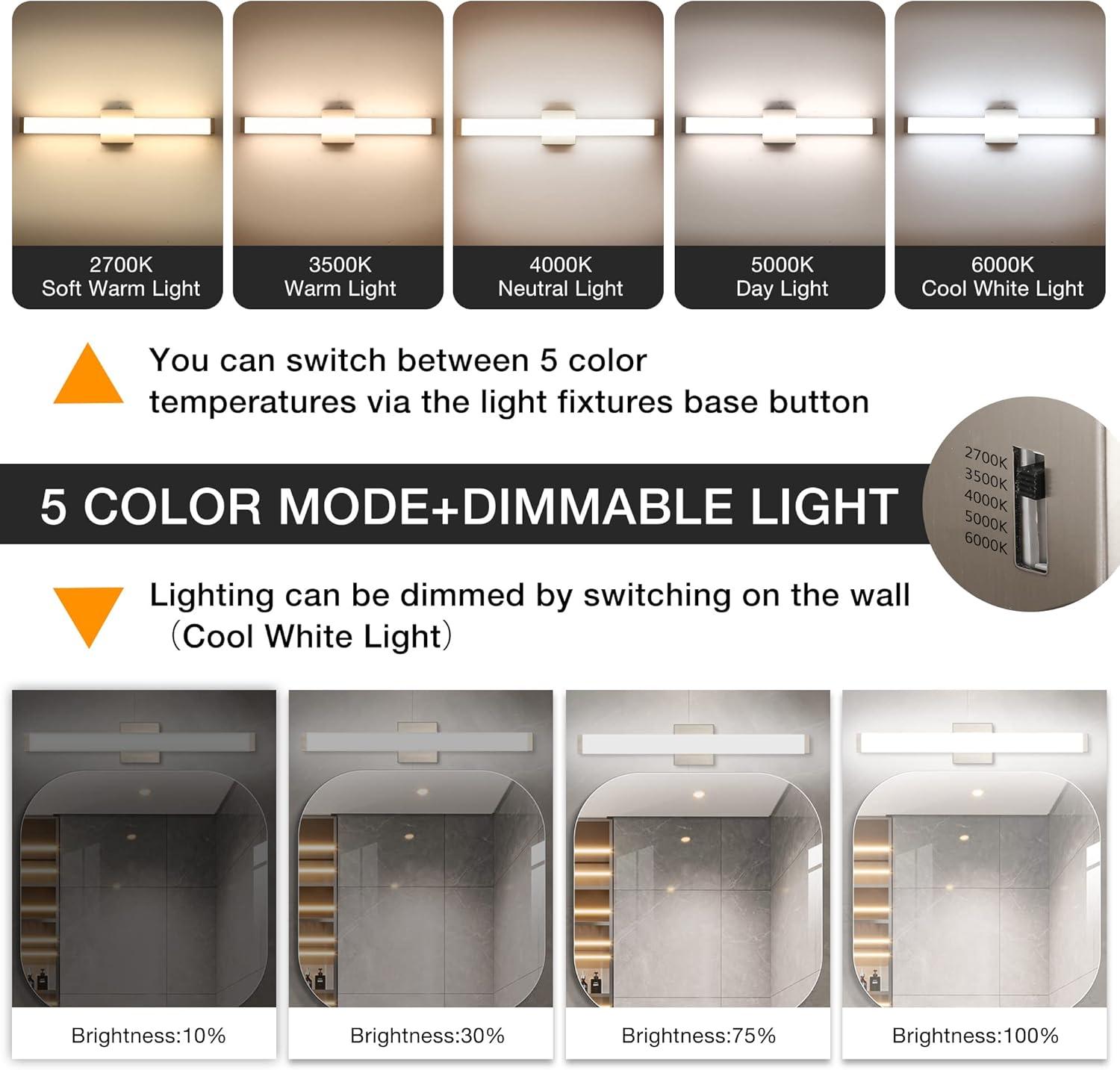 Bathroom Vanity Light Brushed Nickel Square LED 24 inch 14W 4000K Natural White Light Wall Bar Lighting Fixtures Over Mirror