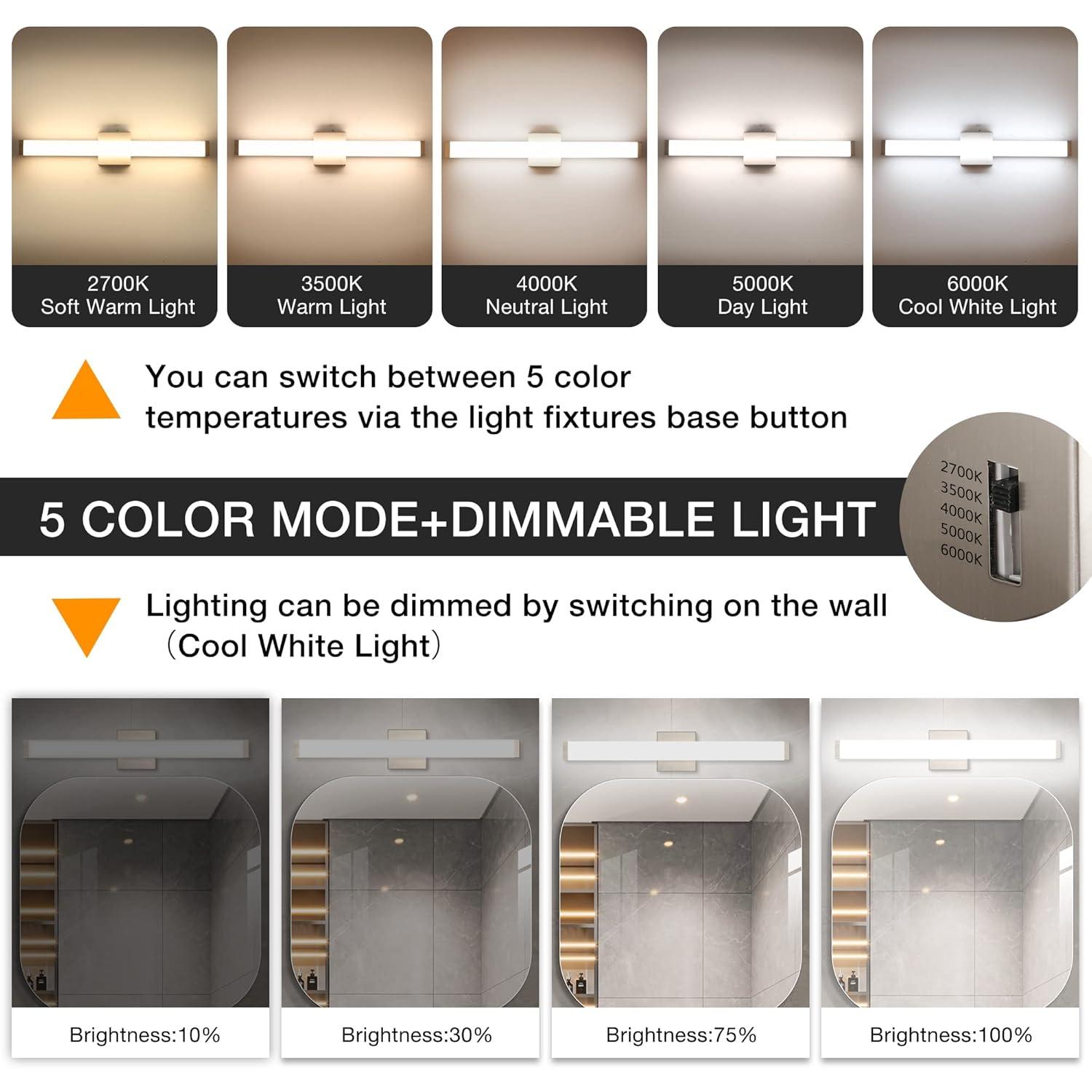 Bathroom Vanity Light Brushed Nickel Square LED 24 inch 14W 4000K Natural White Light Wall Bar Lighting Fixtures Over Mirror