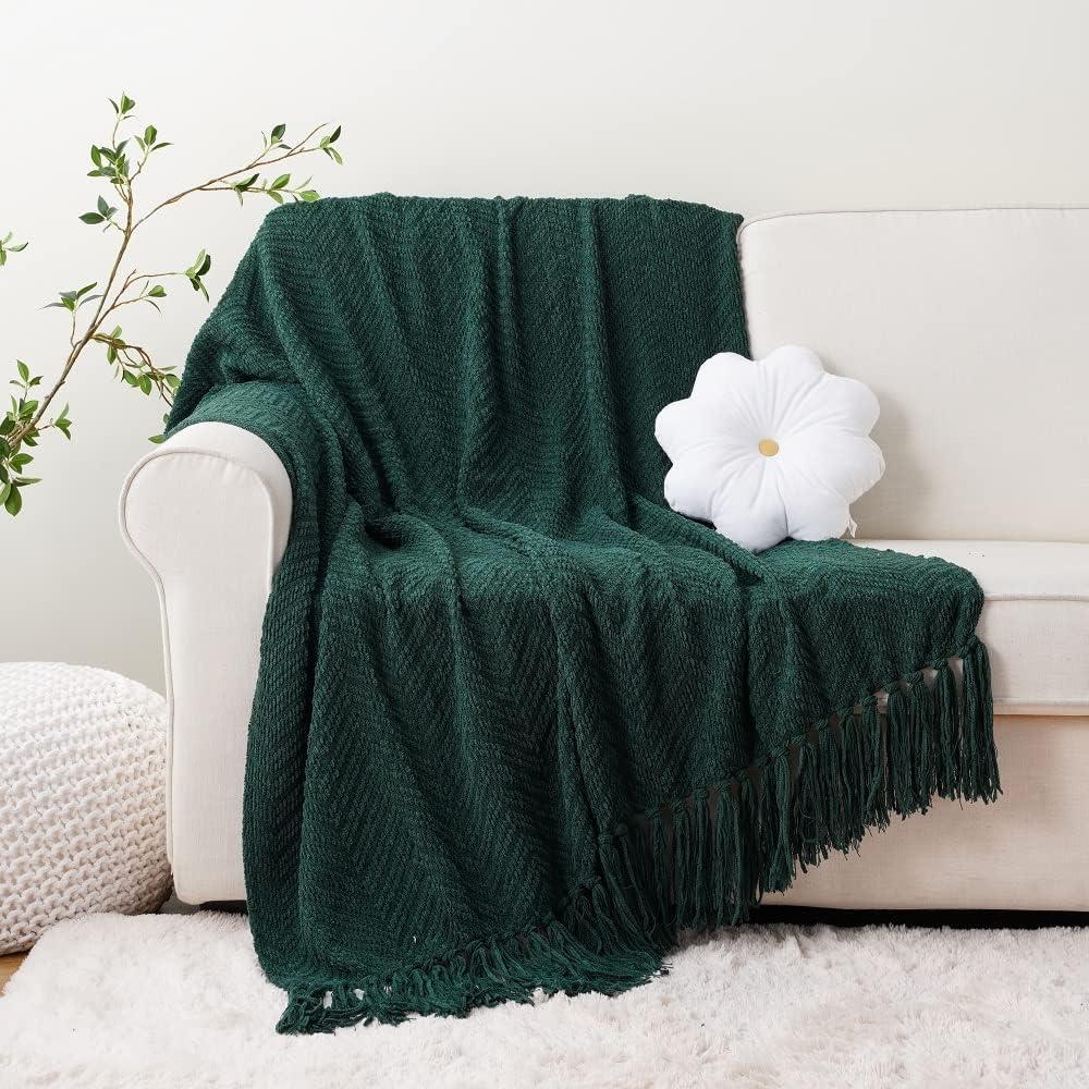 Battilo Forest Green Throw Blanket,Herringbone Knit Christmas Throw, Housewarming Gifts,50" x 60"