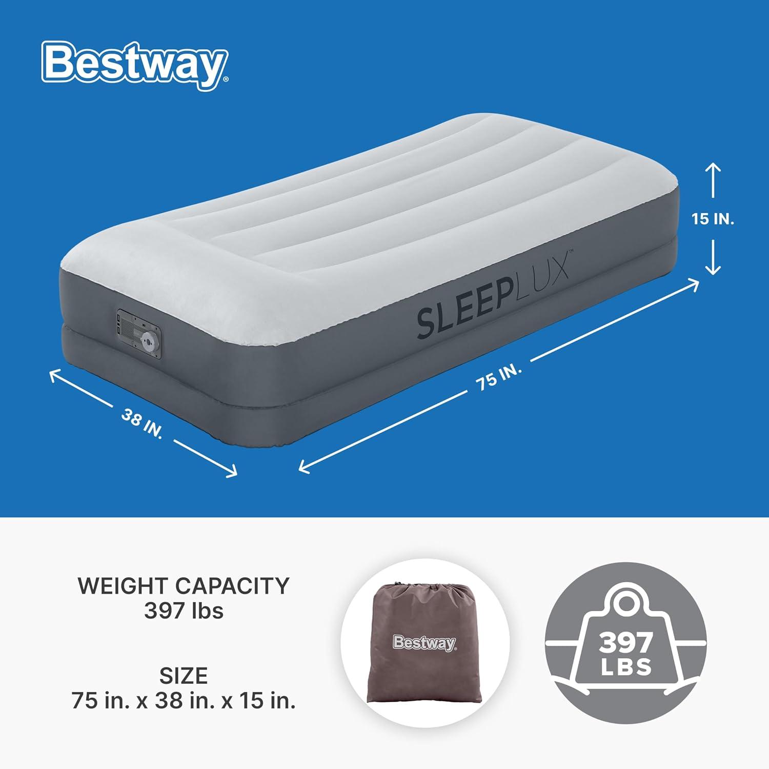 Twin Gray Polyester Inflatable Air Mattress with Built-in Pump