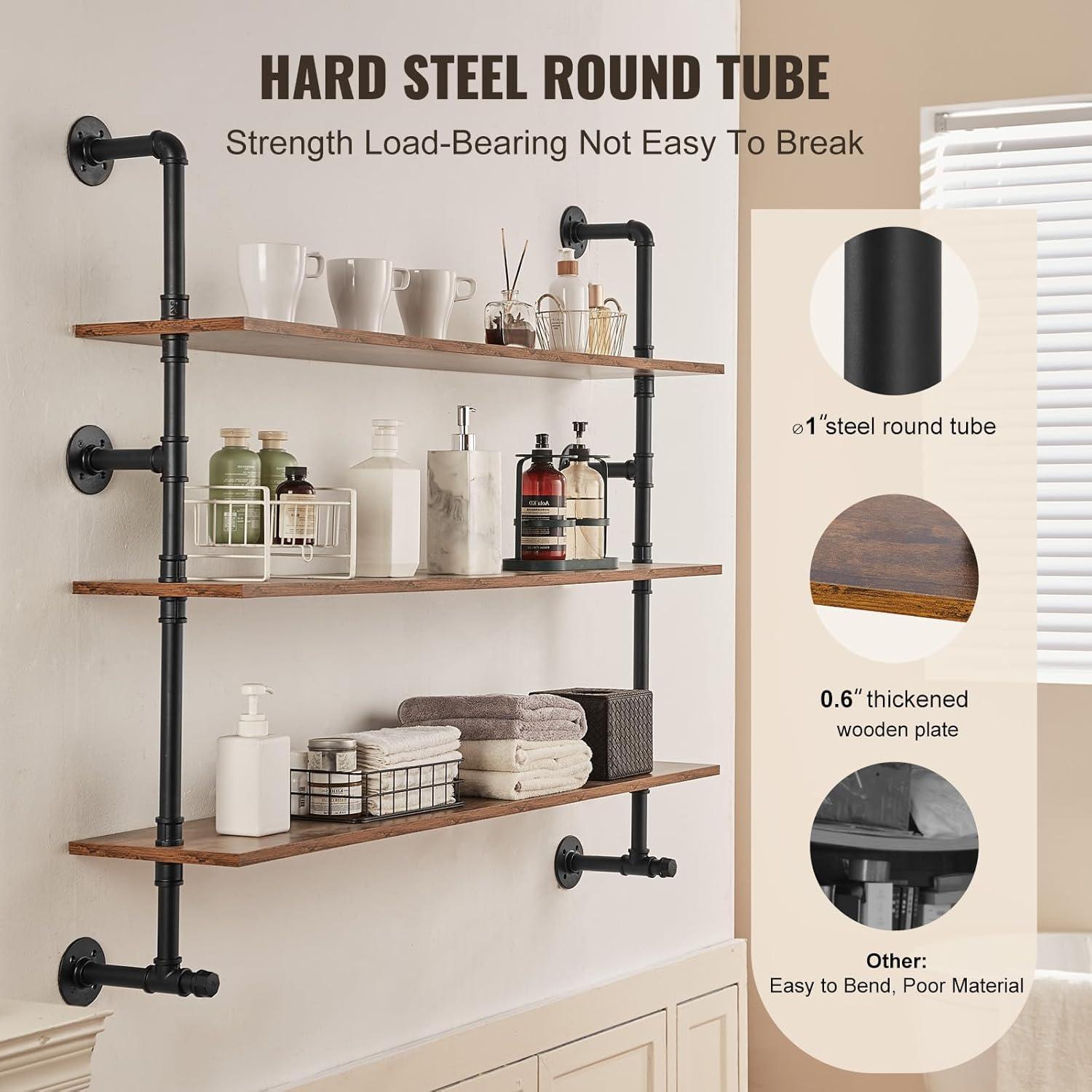VEVOR Industrial Pipe Shelf, 3 Tier 48x9.84in, Wall-Mount Floating Rustic Wood Shelves Bracket Display Bookshelf, Storage Rack Sundries Holder for Kitchen Bedroom Bathroom Living Room, Black