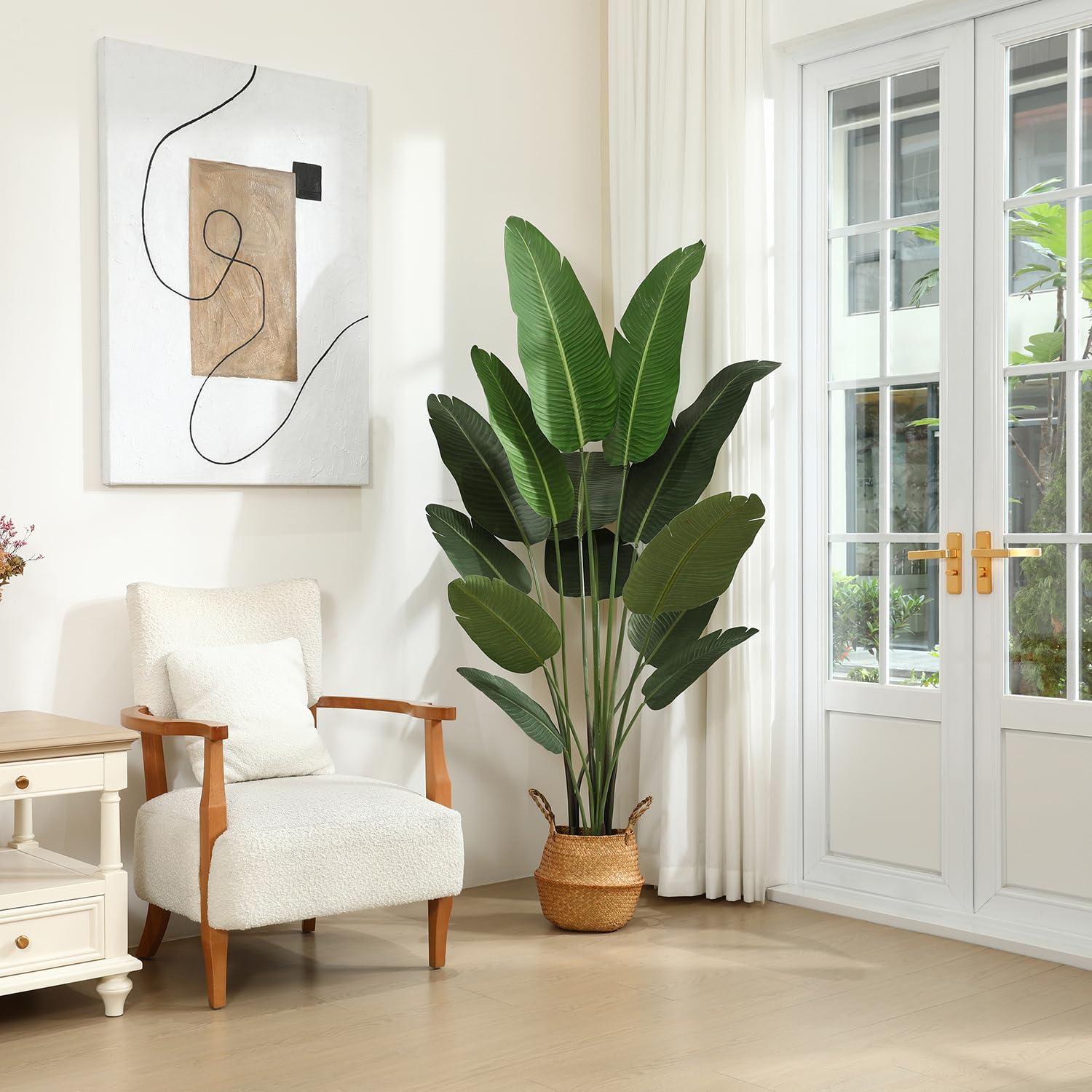 Artificial Bird of Paradise Plants 6 Ft Fake Tropical Palm Tree with 13 Trunks in Pot and Woven Seagrass Belly Basket Perfect Faux Plant for Home Indoor Outdoor Office Modern Decor Green 1Pc…