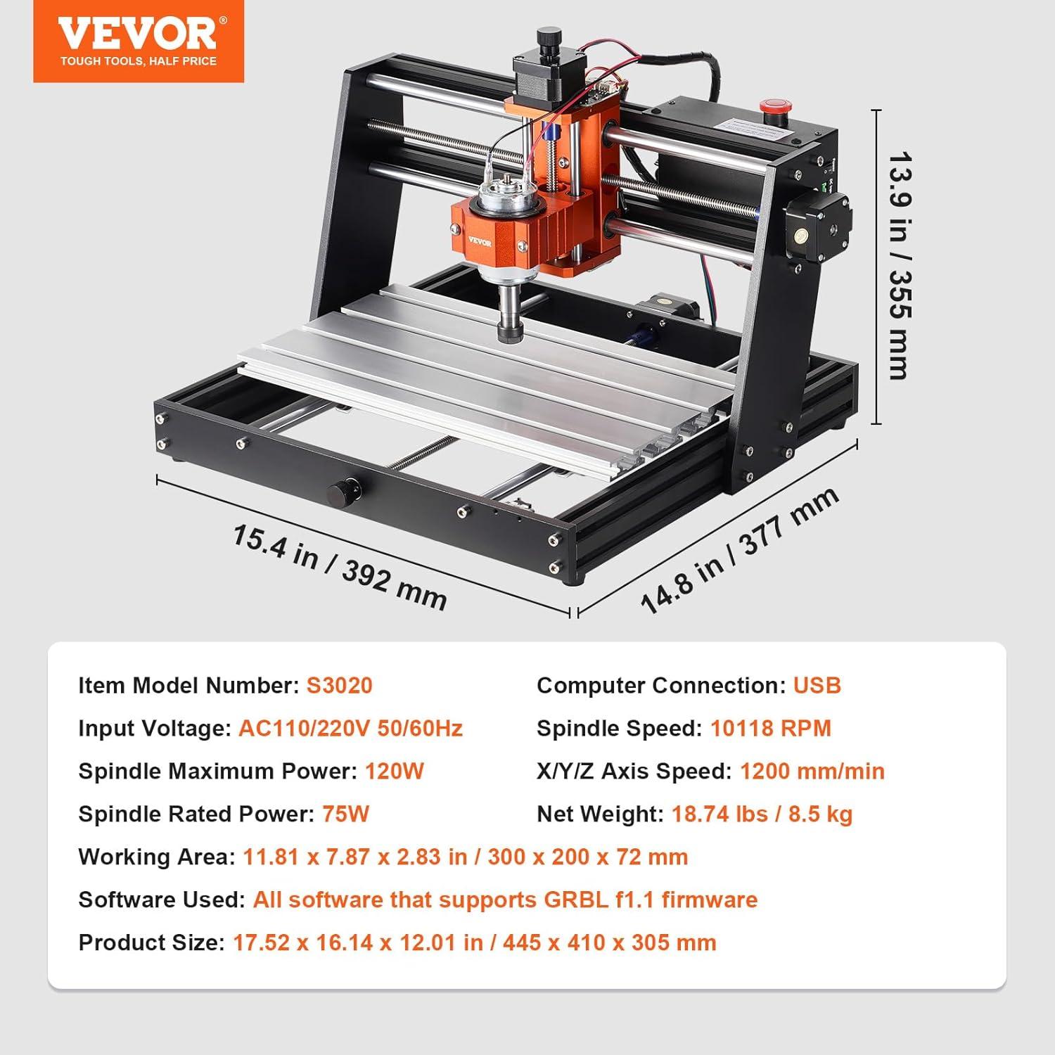 VEVOR CNC Router Machine, 120W 3 Axis GRBL Control Wood Engraving Carving Milling Machine Kit, 300 x 200 x 60 mm/11.8 x 7.87 x 2.36 in Working Area 10000 RPM for Wood Acrylic MDF PVC Plastic Foam