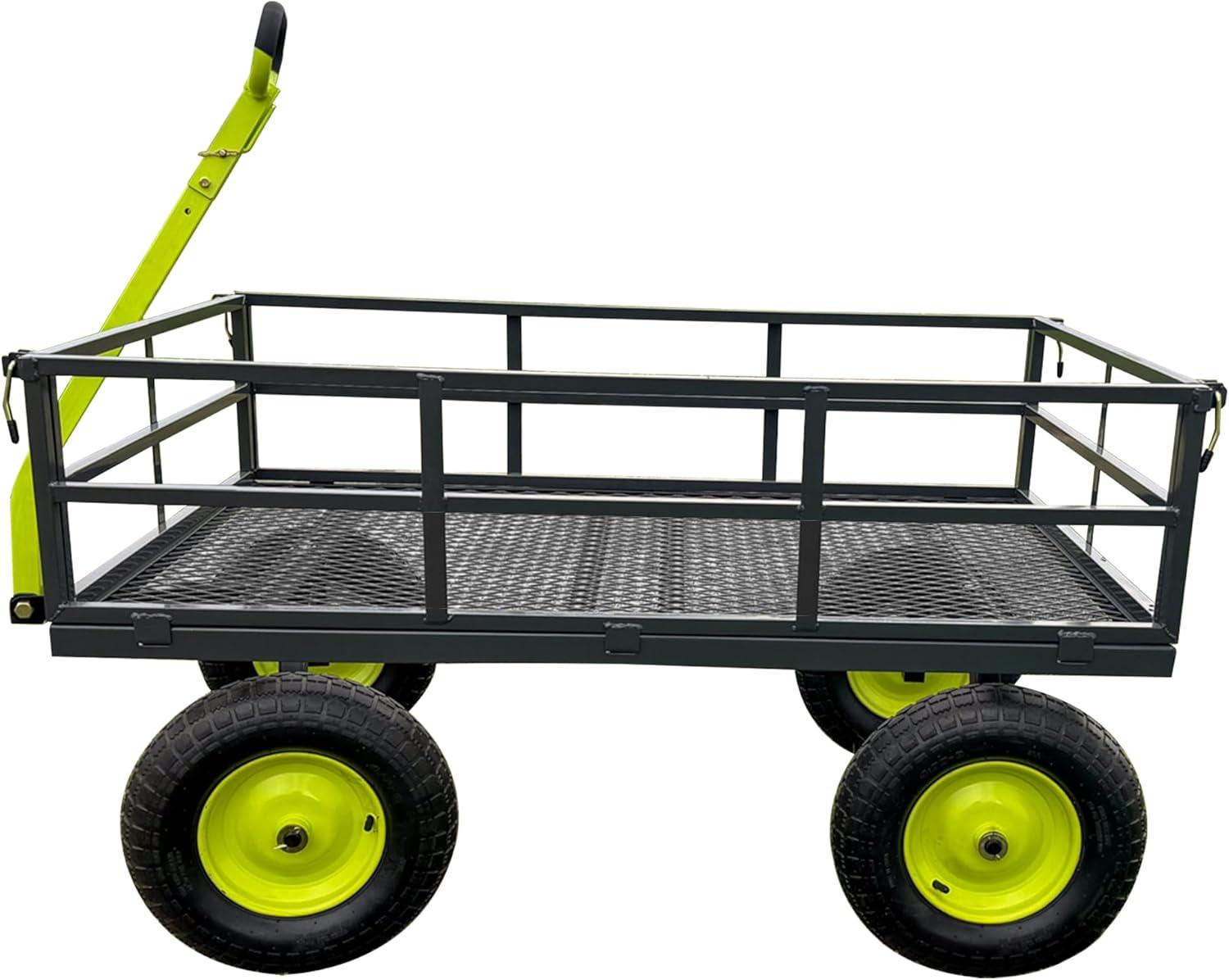 Yard Tuff Jumbo Wagon Heavy Duty Steel Mesh Deck Utility Outdoor Yard Cart, 1400 Capacity Haul with Large Stable Tires, 34 x 52 Inch, Gray/Green