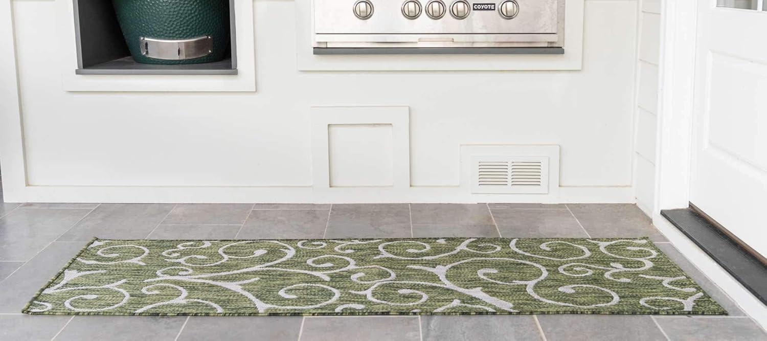 Green and Ivory Abstract Outdoor Runner Rug