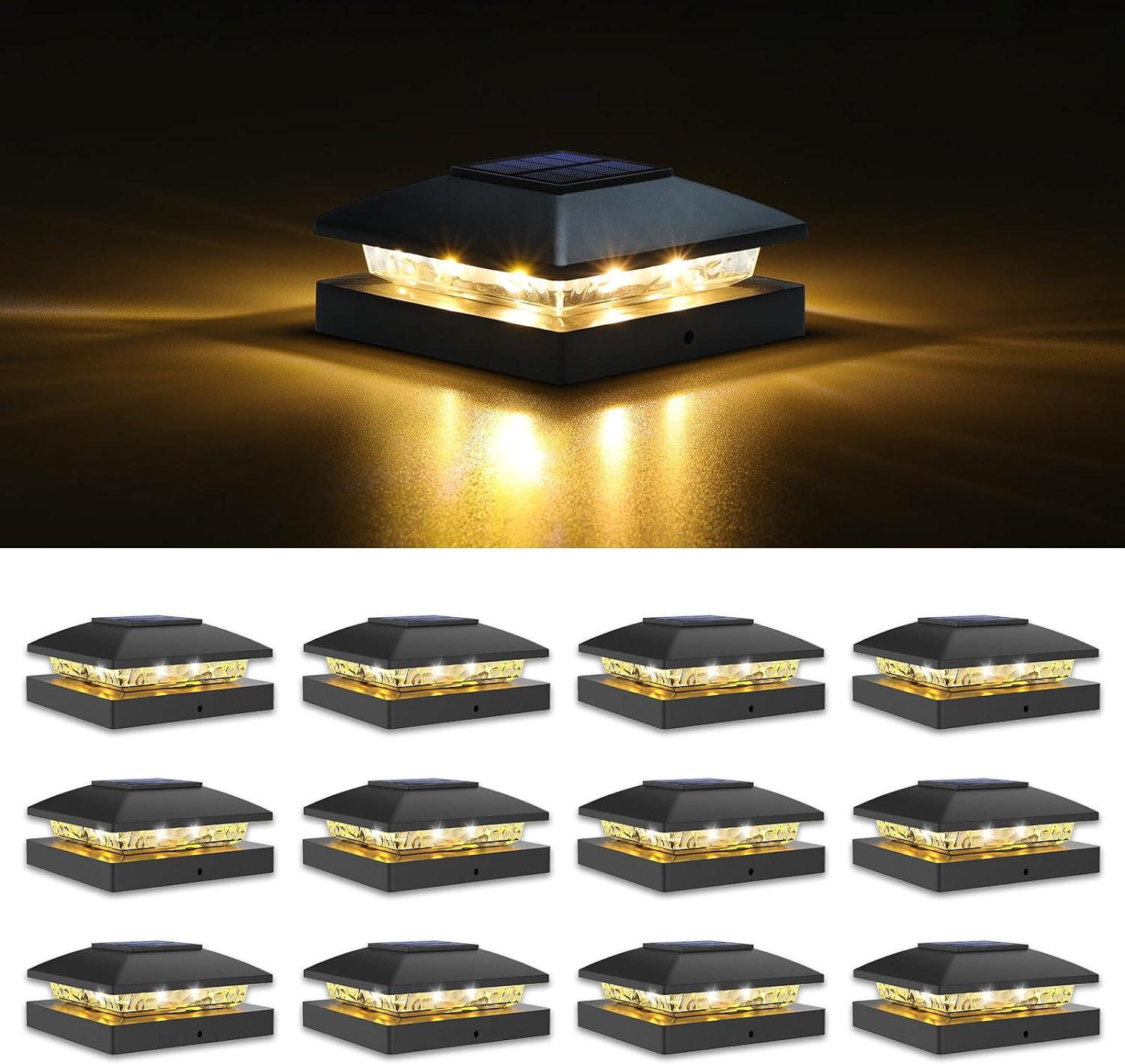 VOLISUN 4x4 Solar Fence - Post Lights Outdoor Waterproof 12pack, Deck Cap Light for 4x4 Wooden/4x4 Vinyl,Black Solar Fence Post Cap Light for Garden/Patio/Porch