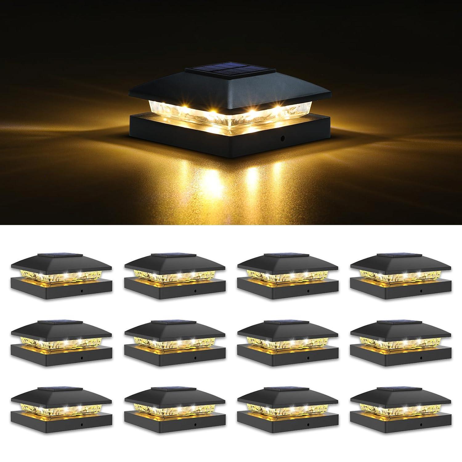 VOLISUN 4x4 Solar Fence - Post Lights Outdoor Waterproof 12pack, Deck Cap Light for 4x4 Wooden/4x4 Vinyl,Black Solar Fence Post Cap Light for Garden/Patio/Porch