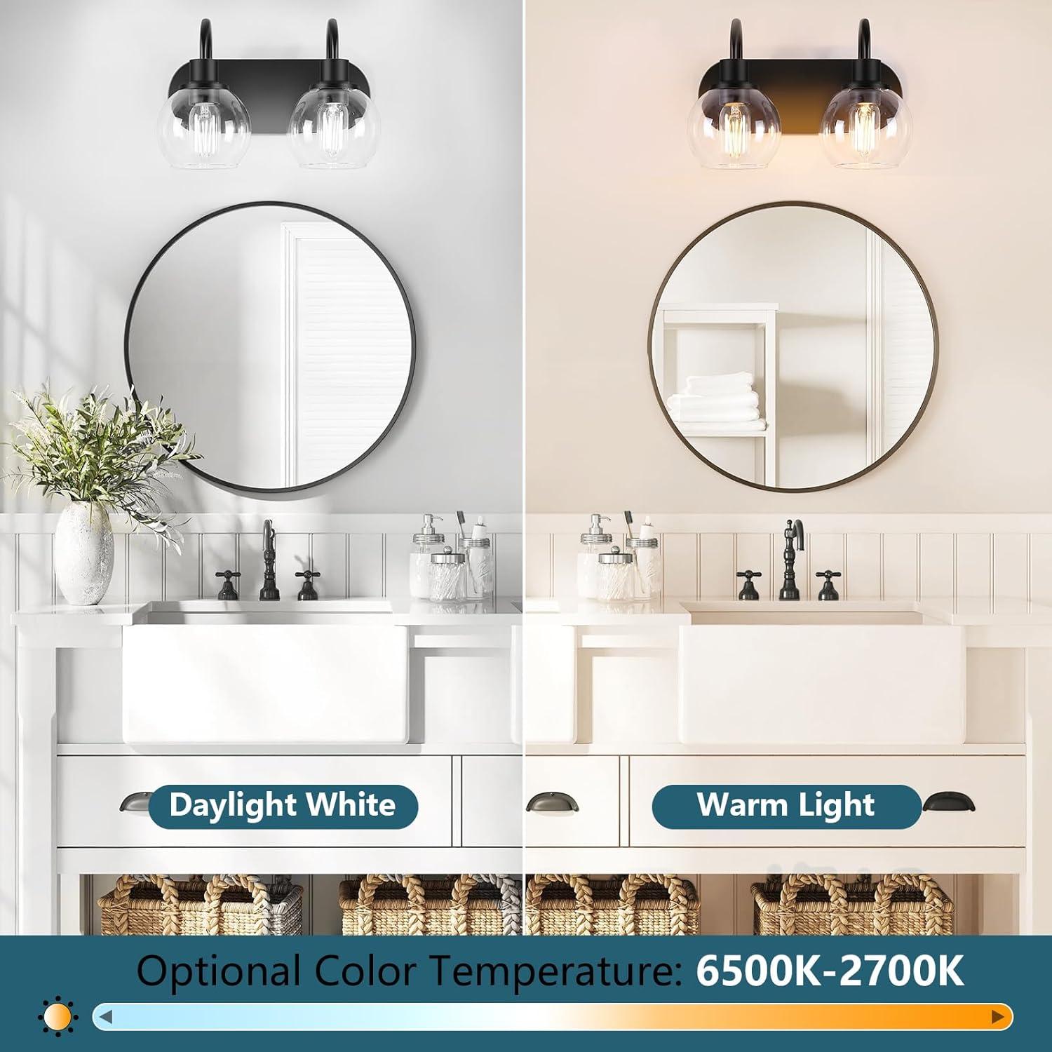 Modern 2-Light Vanity Light, Bathroom Lighting Fixture Over Mirror With Clear Glass Shade and Metal Base, Matte Black Wall Mounted for Bathroom