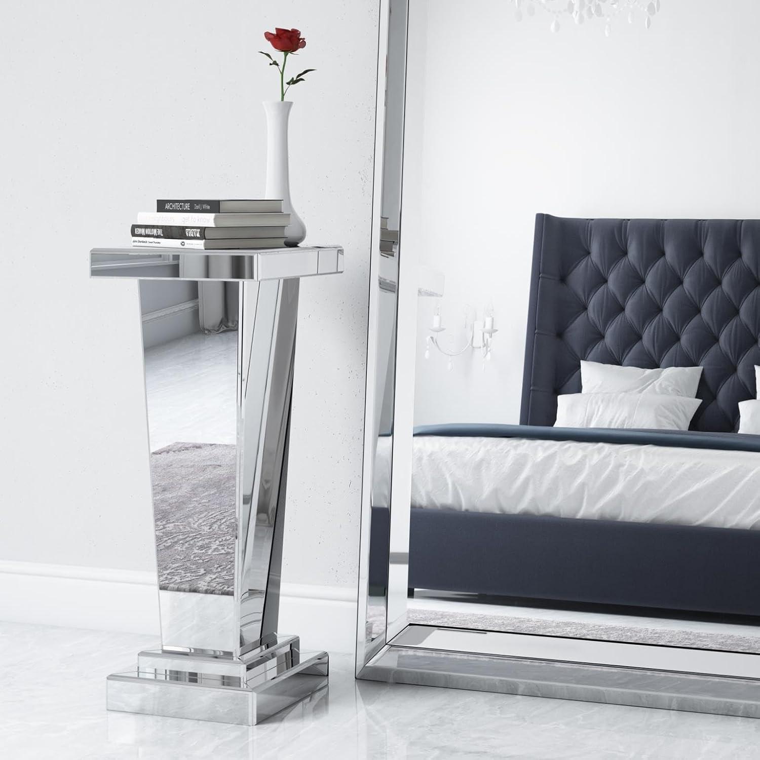 Howard Elliott Tapered Mirrored Pedestal Accent Table, Elegant Modern Bed Side Style, Mirrored Finish Design, for Bedroom, Entryway or for Any Room, 15 x 15 x 36 Inch,