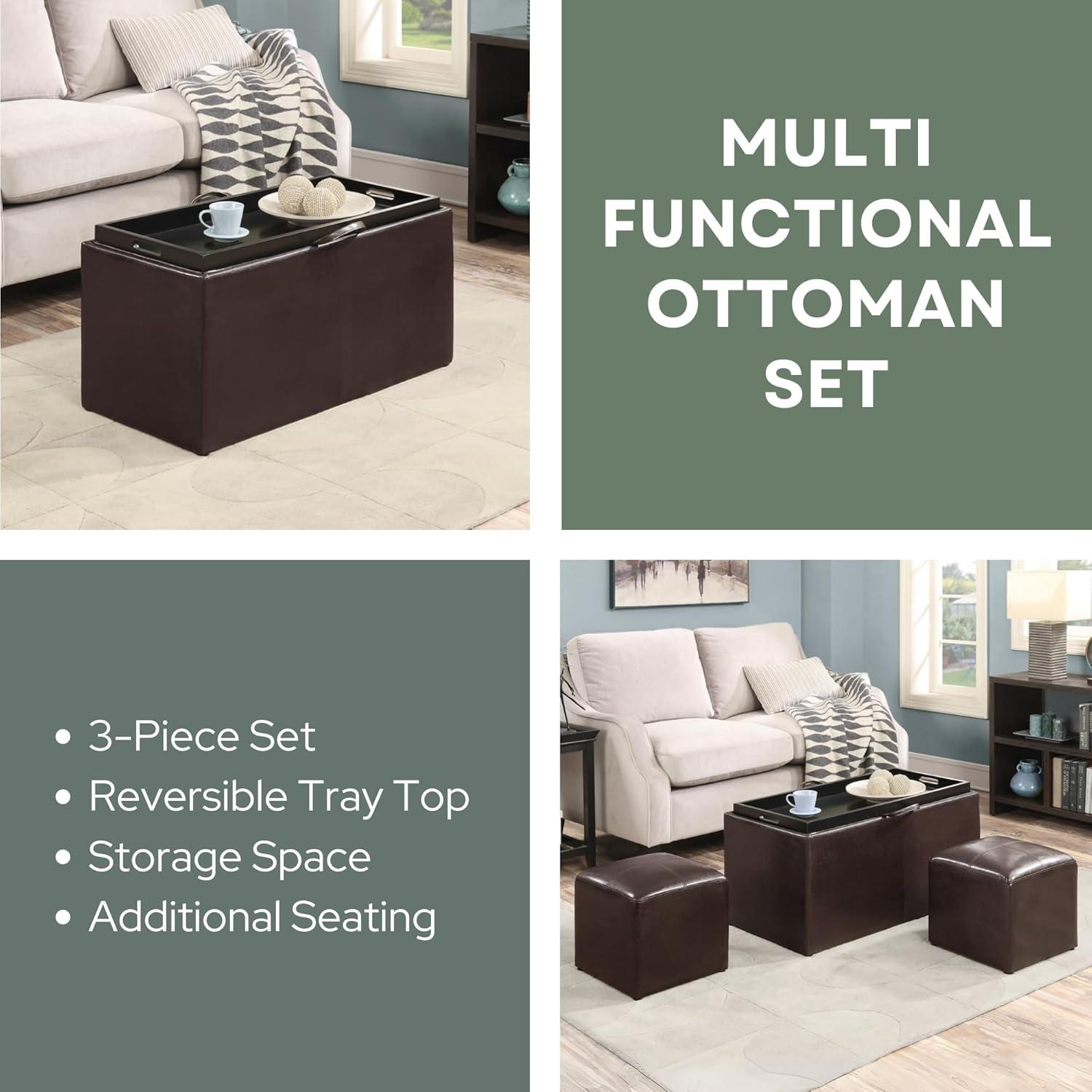 Designs4Comfort Sheridan Storage Bench with2 Side Ottomans, Espresso