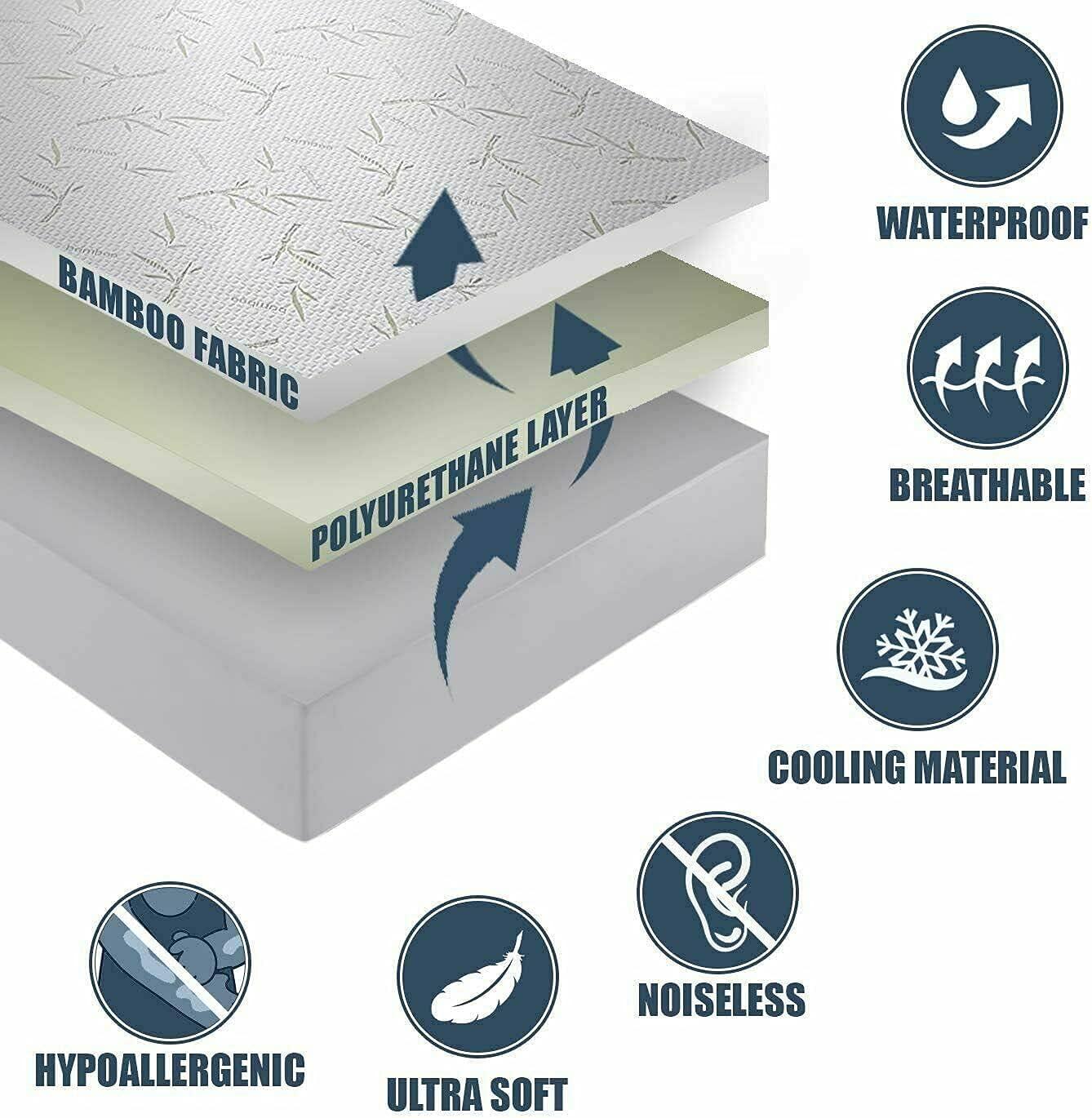 Bamboo Mattress Protector with Zipper - 100% Waterproof Queen Size Mattress Cover - Ultra Soft Jacquard Fabric Cooling Breathable Noiseless Mattress Pad Covers - Zippered Mattress Encasement