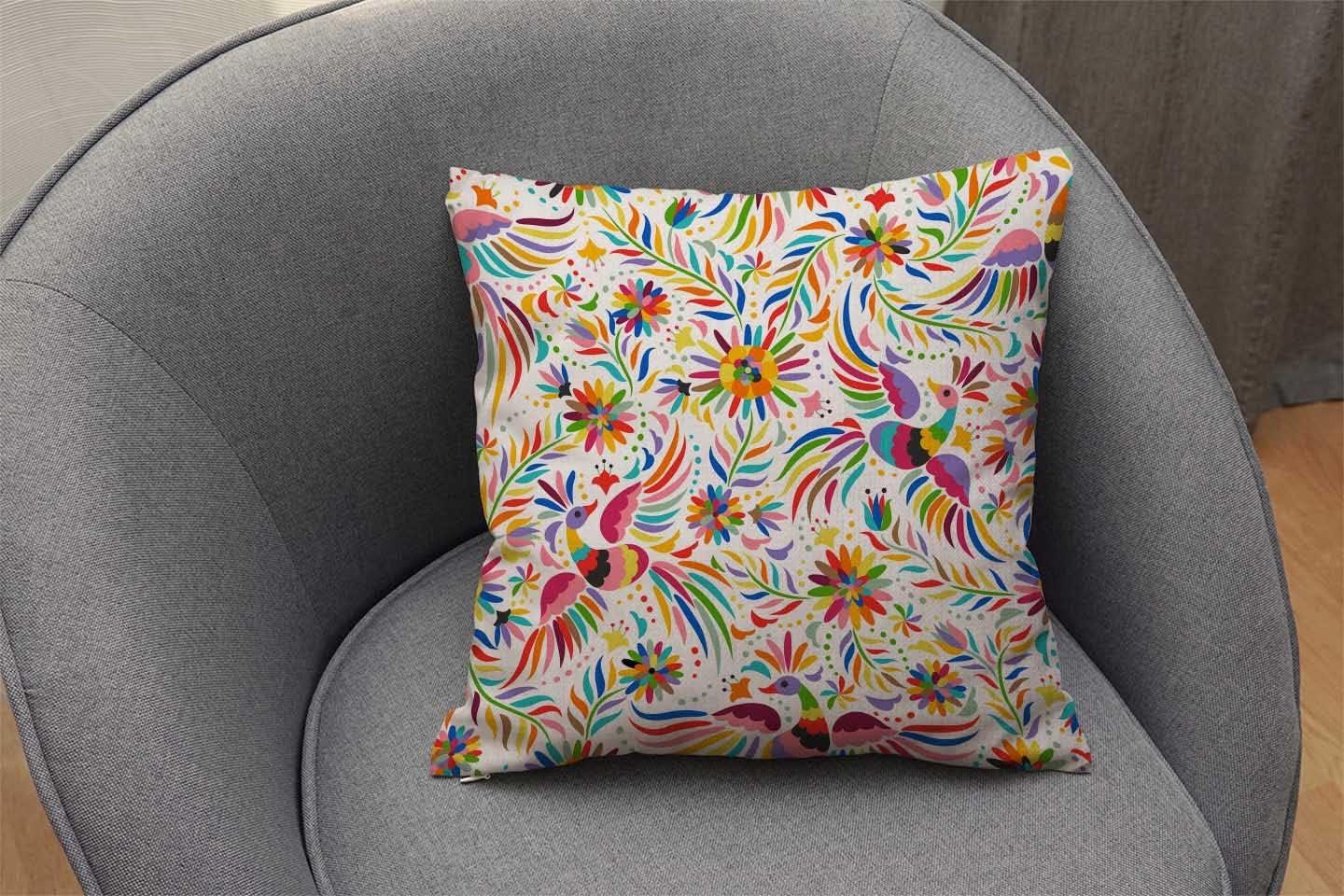 Nphuriy Mexican Floral Decorations Pillow Cover Ethnic Art Birds and Paisley Flowers Farmhouse Decor Throw Pillow Cases Cushion Cover 16 x 16 Inch Home Decoration