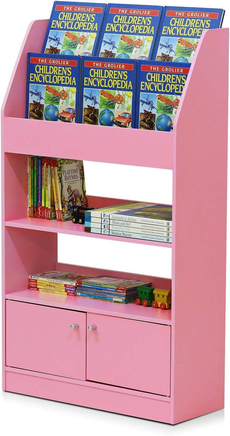 Contemporary Laminated Pink Wood Bookshelf for Kids with 4 Tiers and Cabinet