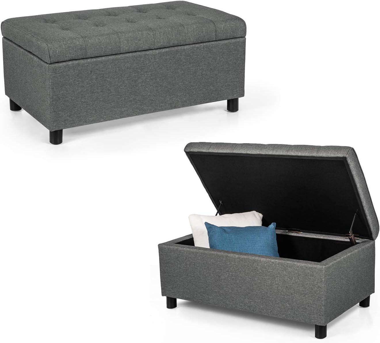 Dark Grey Fabric Upholstered Rectangular Tufted Storage Ottoman Bench