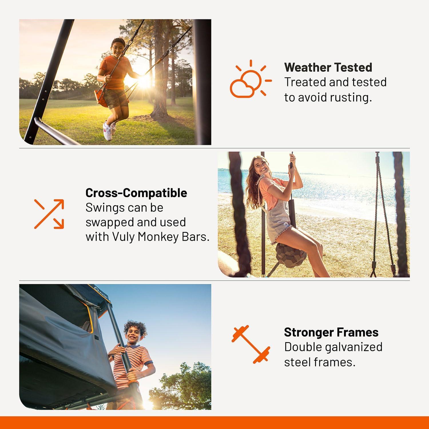 VULY 360 Pro Max C2 - 2 Bay Swing Set Backyard Metal Swing Set with Spin Swing & Seat Swing Outdoor Playground for Kids and Adults | Swings Cross Compatible with VULY Monkey Bars