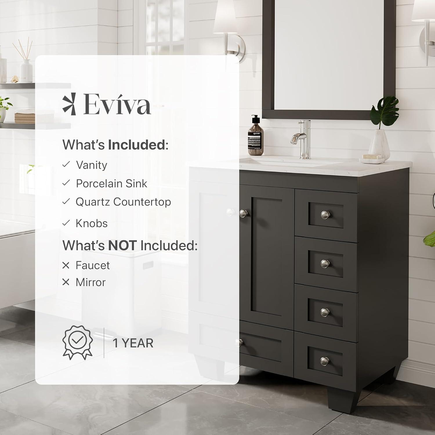 Eviva Acclaim C. 28" Transitional Espresso Bathroom Vanity with White Carrara Quartz Countertop