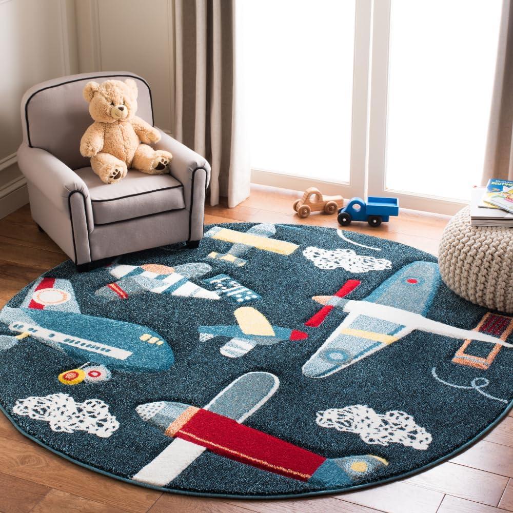 Carousel Kids  CRK167 Loomed Indoor Area Rug - Navy/Ivory - 5'3"x5'3" Round - Safavieh