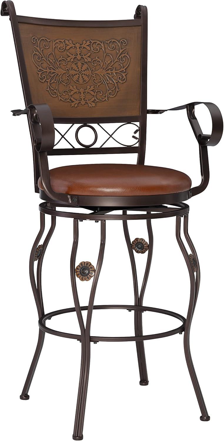Powell Beatrix Big & Tall 30" High Back Indoor Copper Stamped Round Metal Bar Stool wth Swivel, Bronze/Warm Rust Faux Leather