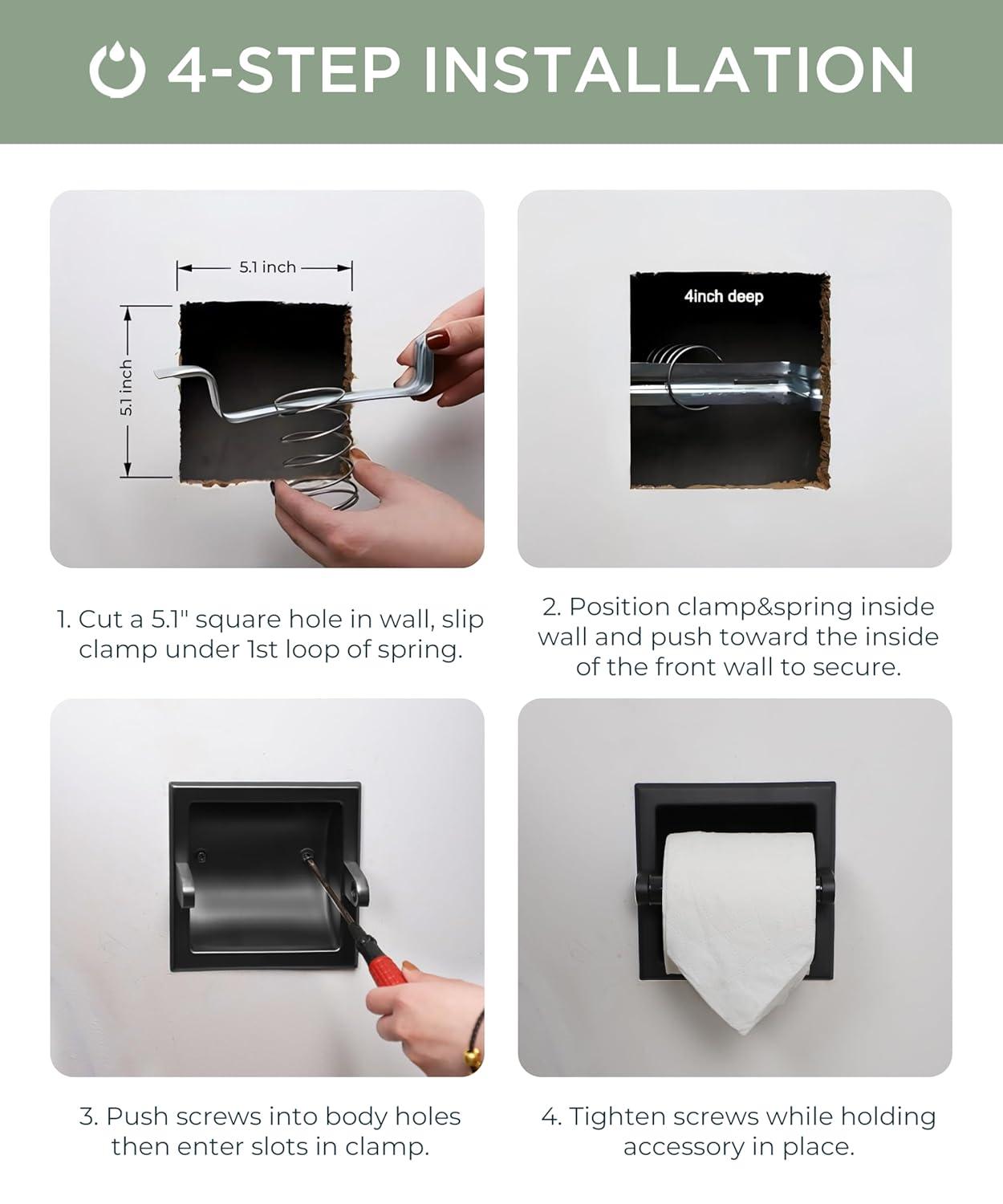 FORIOUS Recessed Toilet Paper Holder, Stainless Steel Durable Tissue Roll Holder Wall Mount for Bathroom Space Saving Design with Mounting Bracket, in Wall Toilet Paper Dispenser Insert, Matte Black