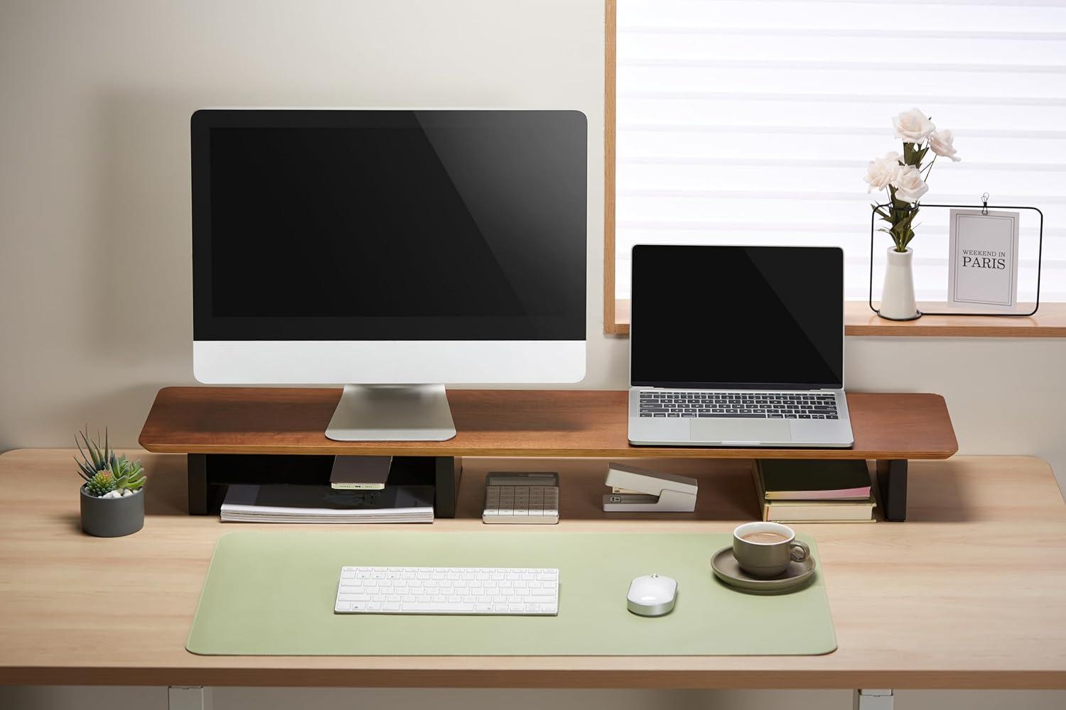 Walnut Monitor Stand for Desk (44 Inch) Large Monitor Stands for 2 Monitors, Desk Shelf for Top of Desk Walnut Monitor Shelf