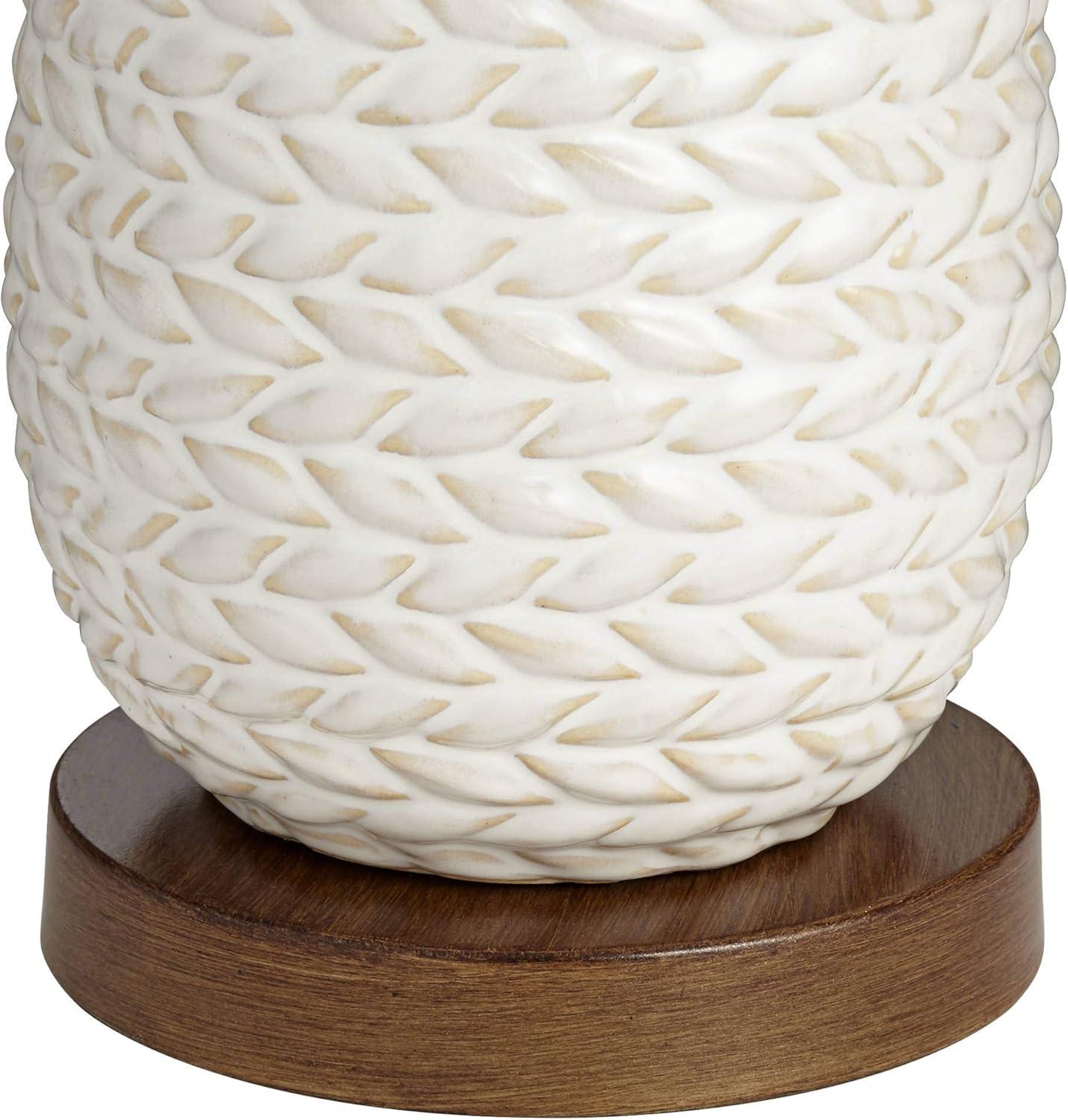 Possini Euro Design Kingston Modern Mid Century Table Lamp 32 3/4" Tall White Grooved Patterned Ceramic Taupe Drum Shade for Bedroom Living Room House