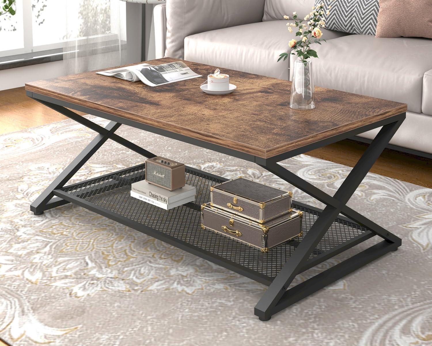 Rustic Brown Metal Frame Rectangular Coffee Table with Storage