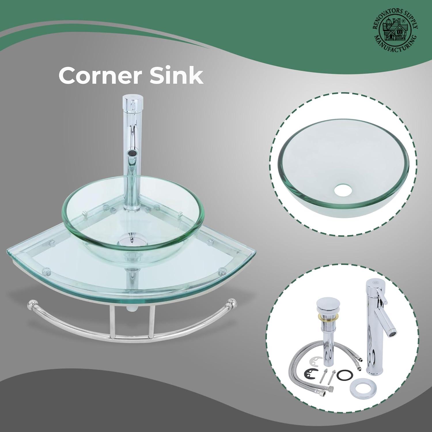 Round Corner Glass Wall Mount Bathroom Vessel Sink with Chrome Faucet Towel Bar