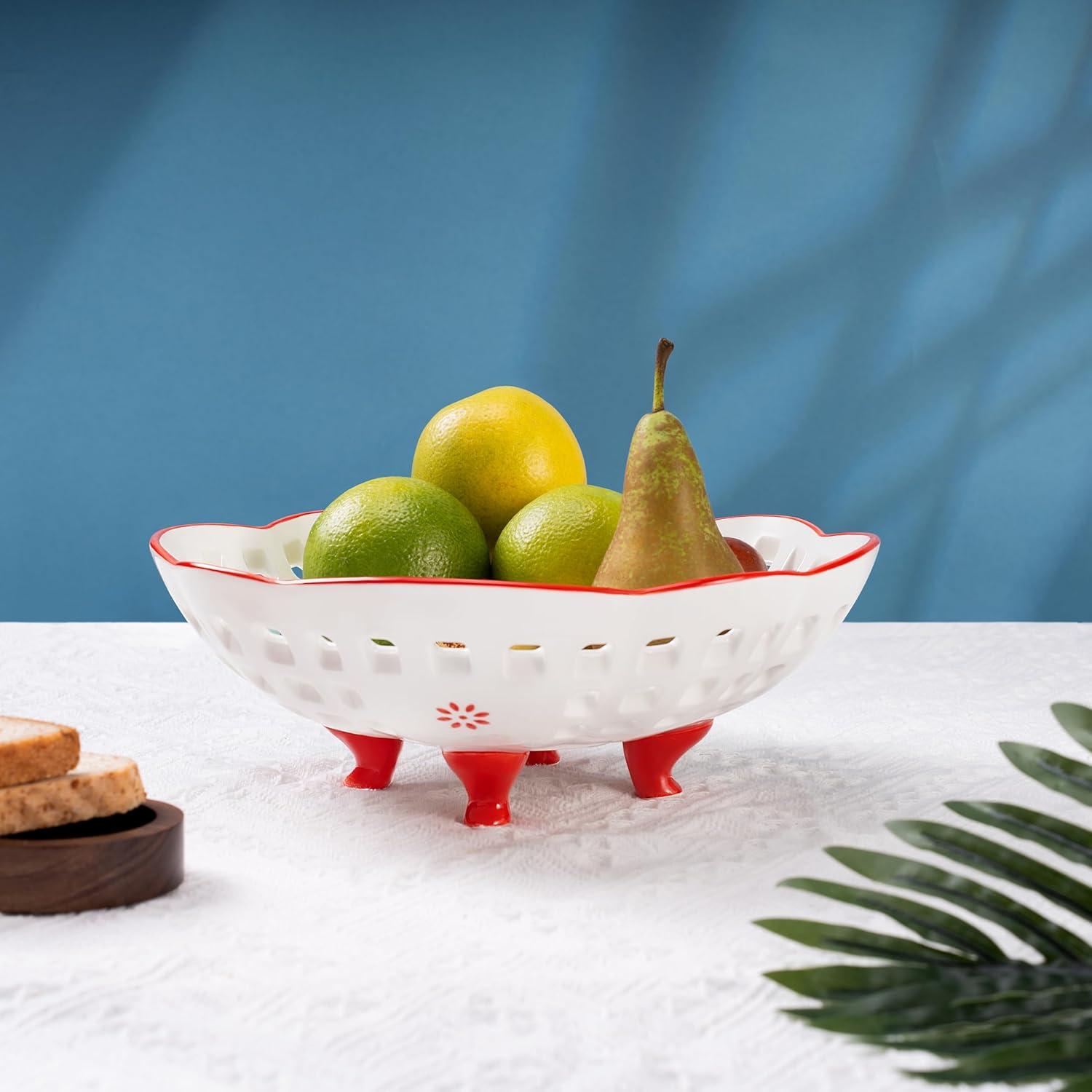 White and Red Ceramic Floral Pedestal Fruit Bowl, 10-inch