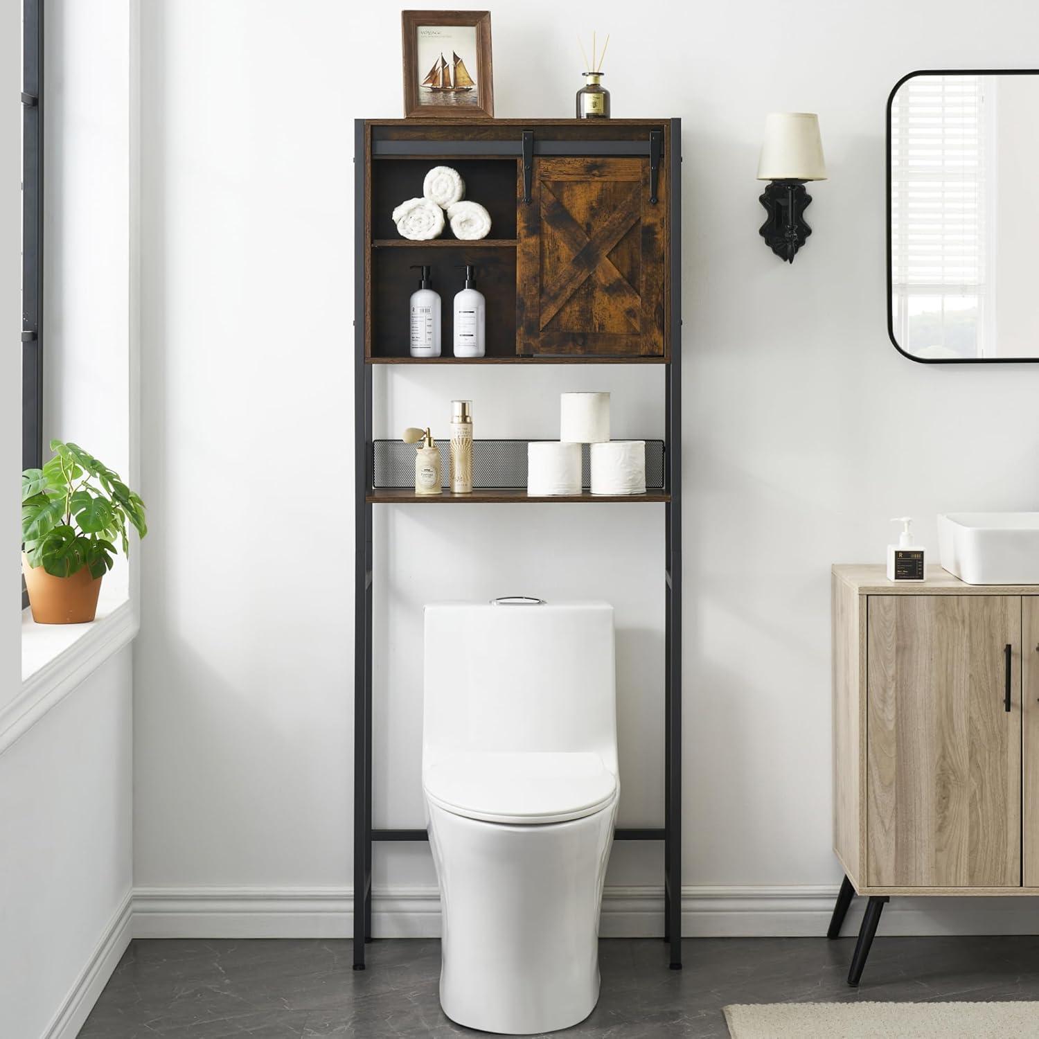 Rustic Brown Wood Over-the-Toilet Storage Cabinet with Sliding Door