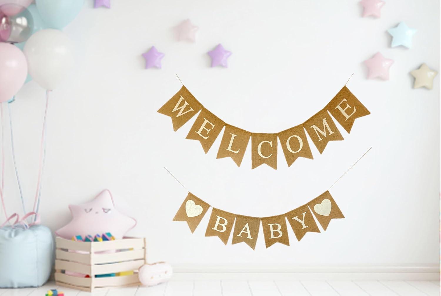 Shimmer Anna Shine Welcome Baby Burlap Banner for Baby Shower Decorations and Gender Reveal Party