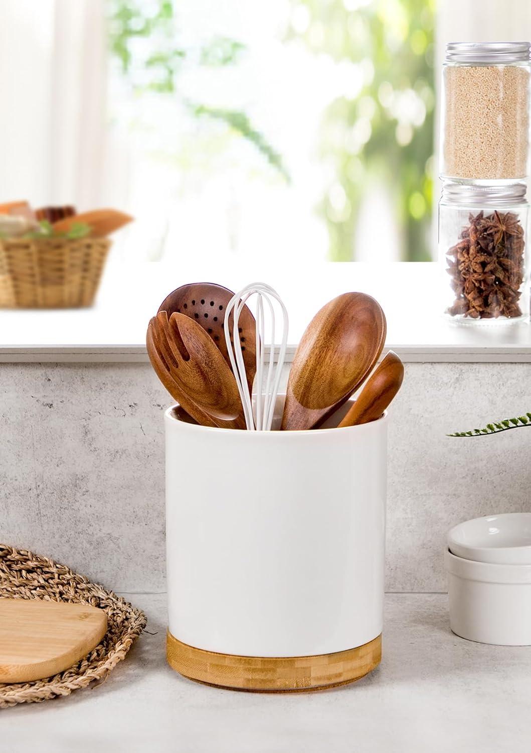 White Ceramic Rotating Utensil Holder with Cork Bottom