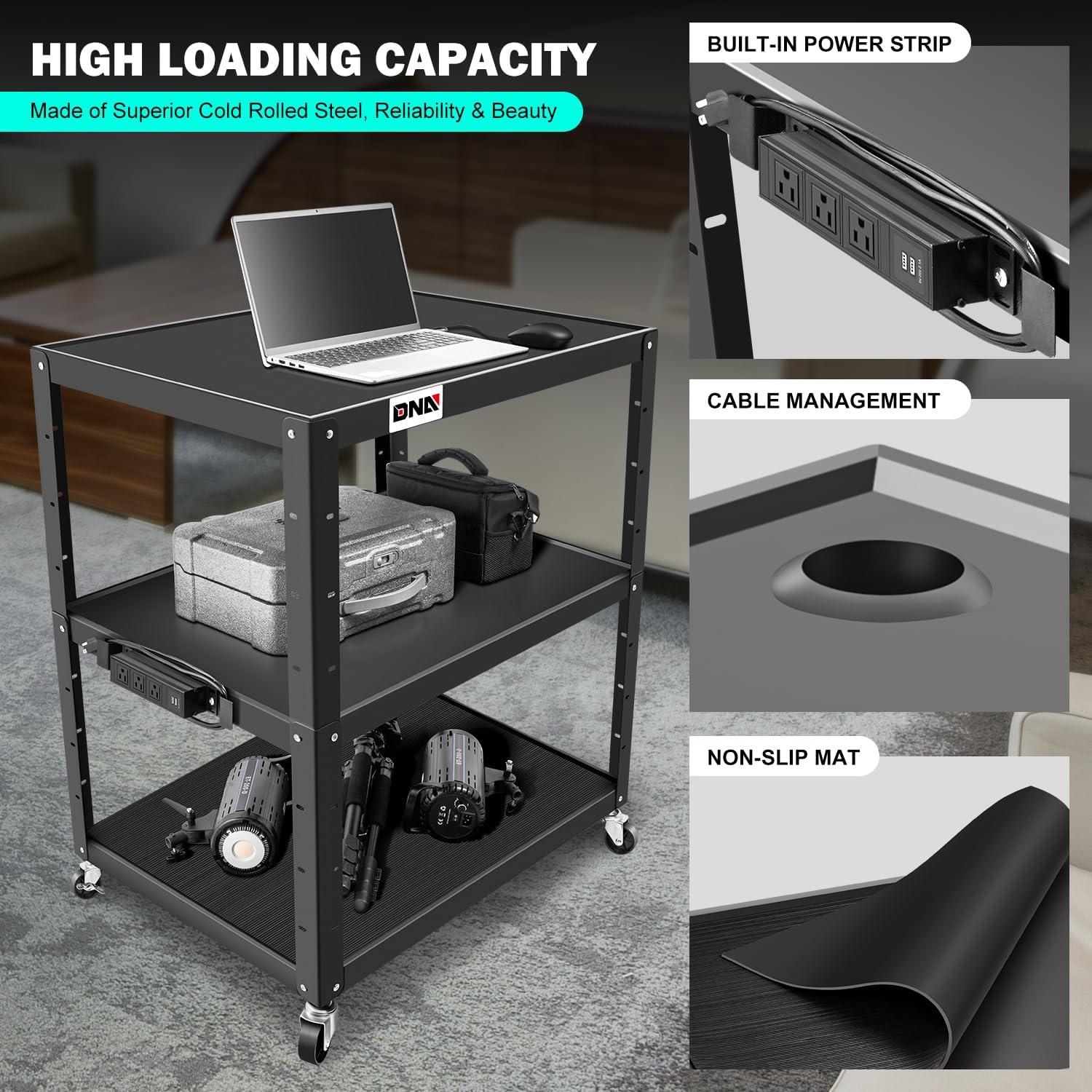 DNA Motoring TOOLS-00137 35" x 25" x 42" Steel Height Adjustable 3-Layer Media Rolling AV Cart With Power Strip +Locking Casters