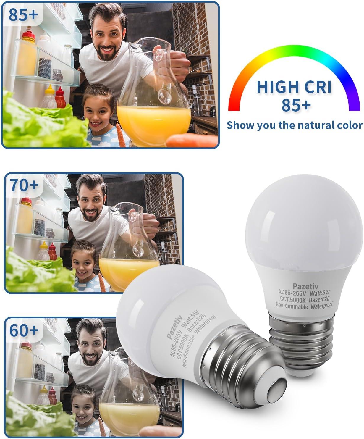 Waterproof LED Refrigerator Light Bulbs 40 watt Equivalent, 120V, Daylight 5000K, E26 Medium Base, Fridge Light Bulb, Freezer Bulb, A15 LED Appliance Bulb, Not Dimmable